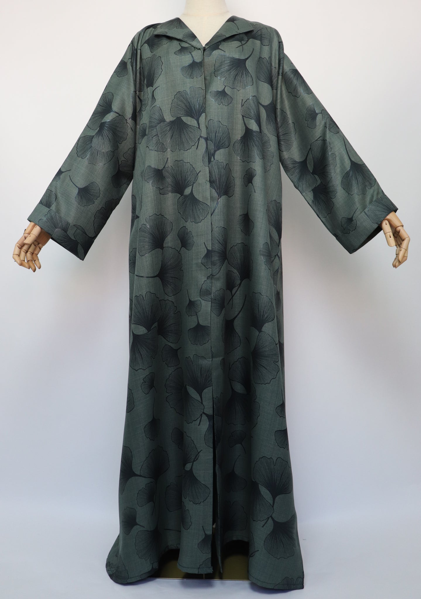 Linen Print Open Collar Abaya - Pine
