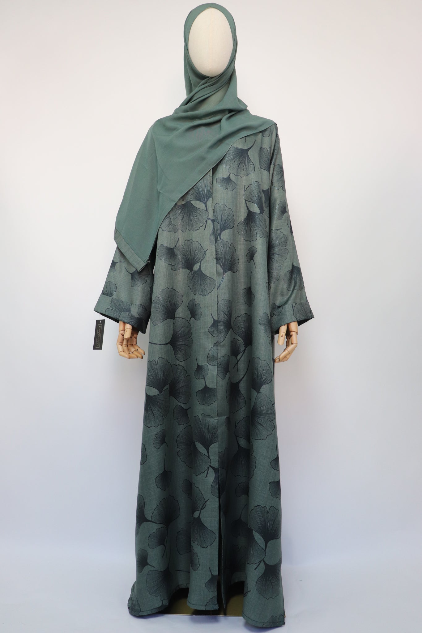 Linen Print Open Collar Abaya - Pine