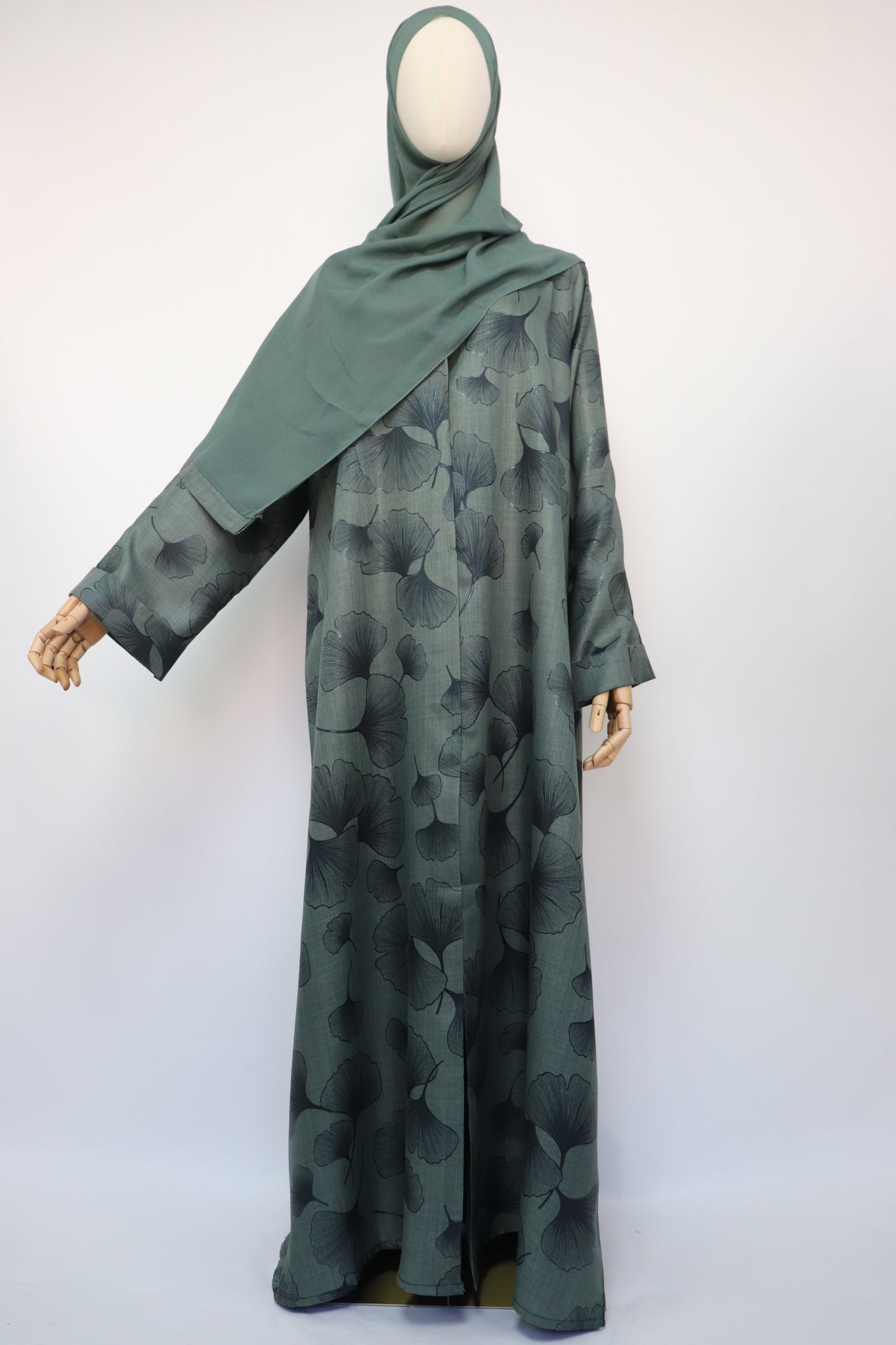 Linen Print Open Collar Abaya - Pine