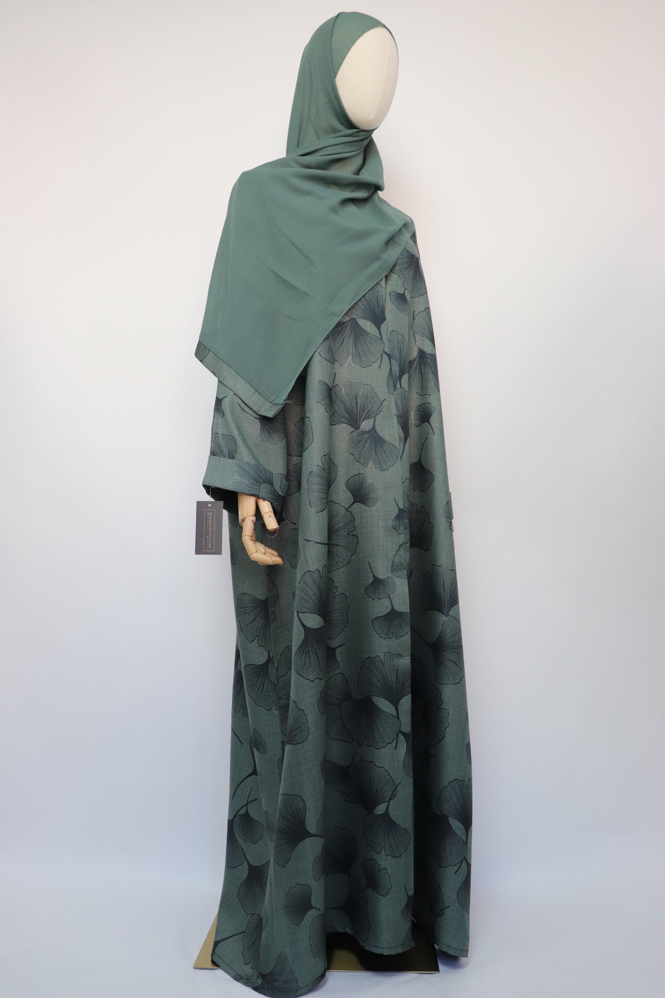 Linen Print Open Collar Abaya - Pine