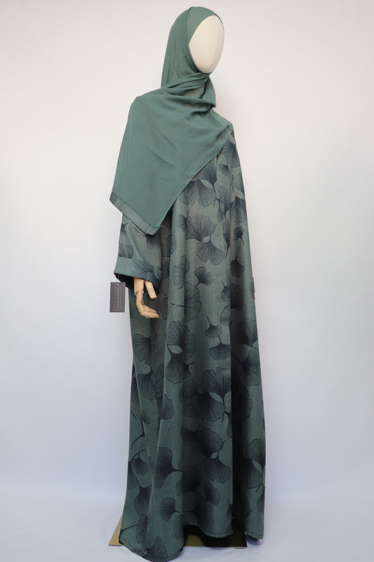 Linen Print Open Collar Abaya - Pine