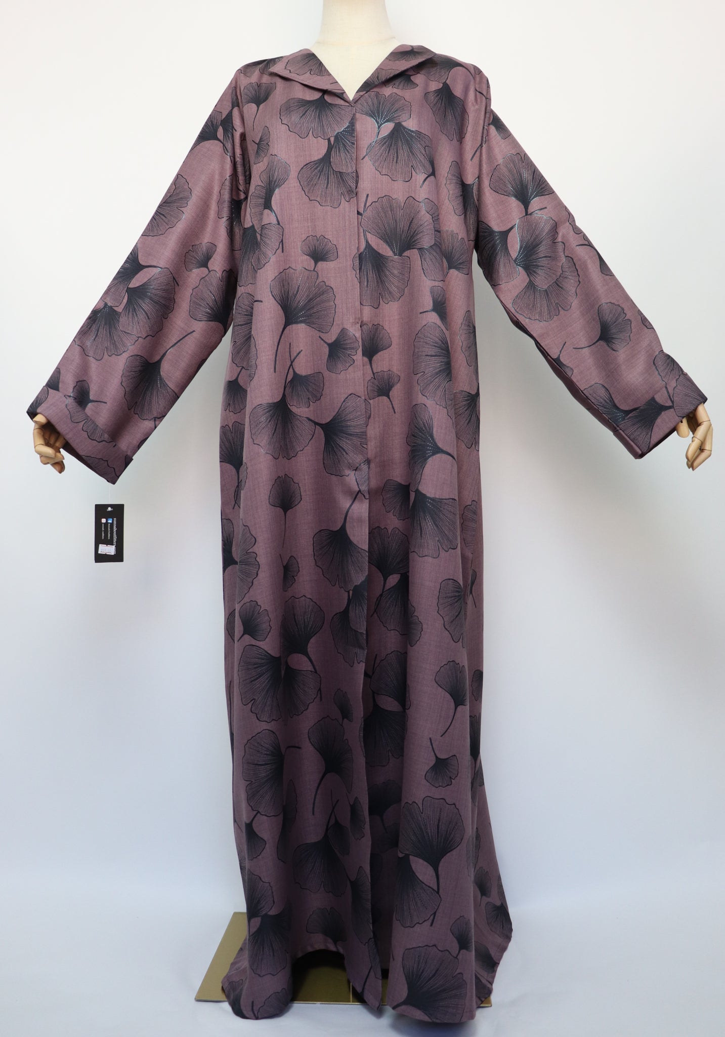 Linen Print Open Collar Abaya - Dusty Purple