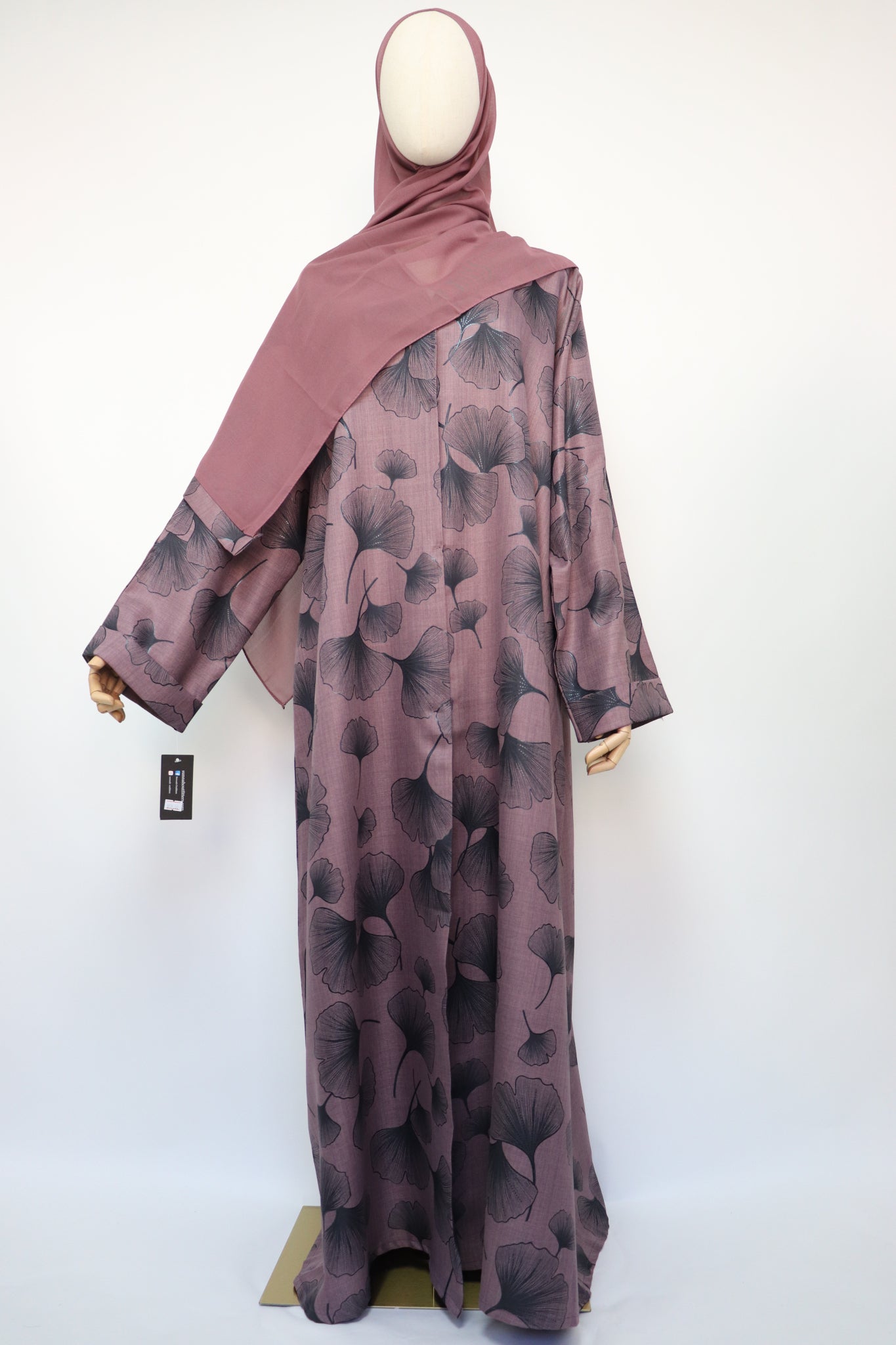 Linen Print Open Collar Abaya - Dusty Purple