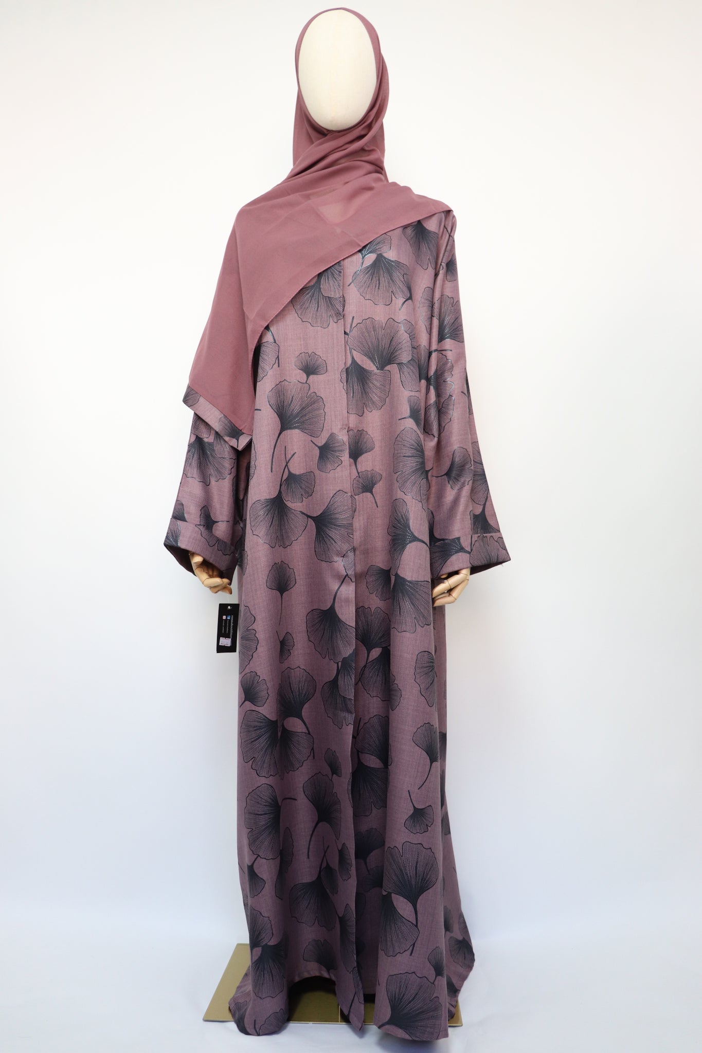 Linen Print Open Collar Abaya - Dusty Purple