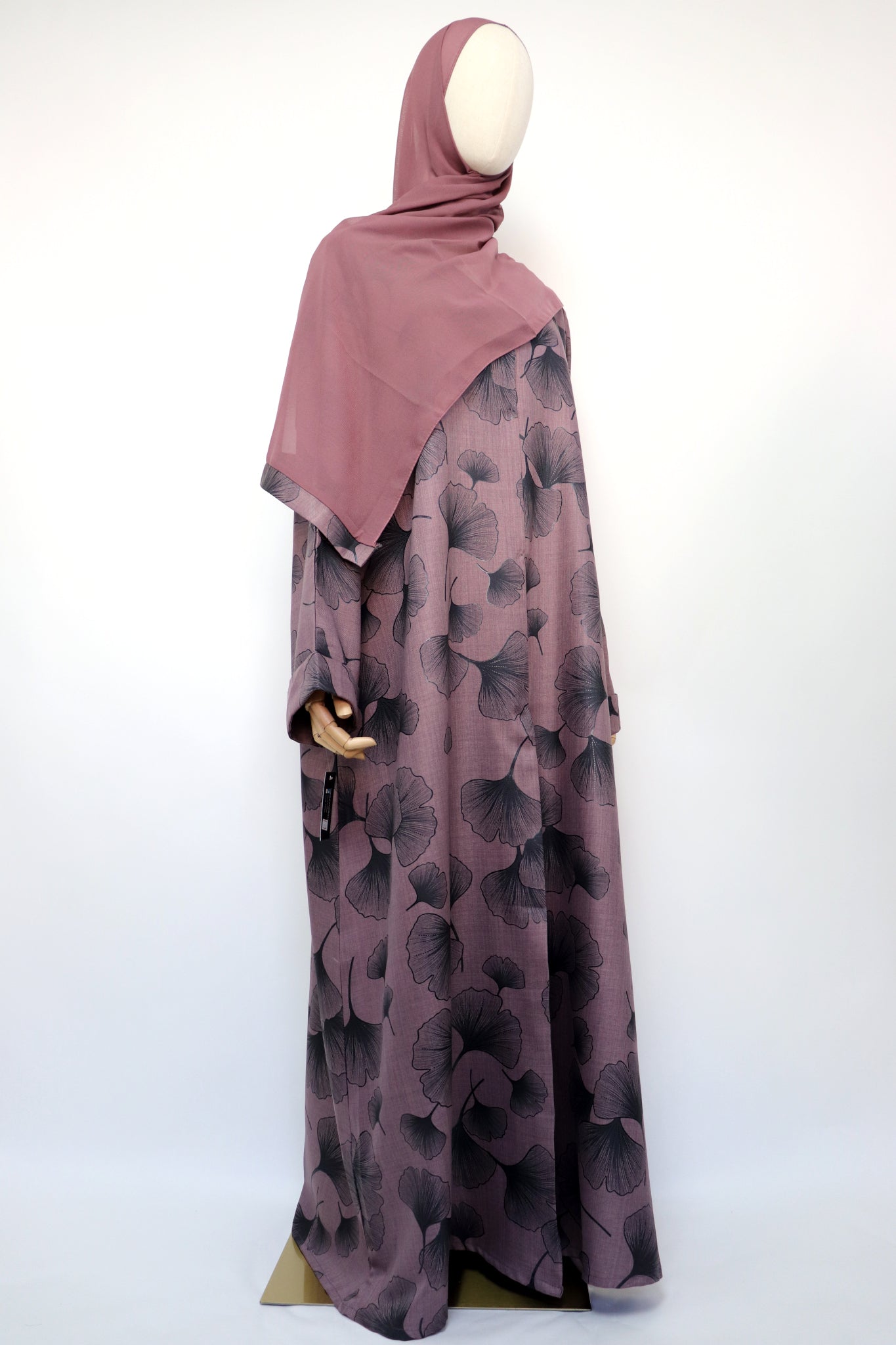 Linen Print Open Collar Abaya - Dusty Purple