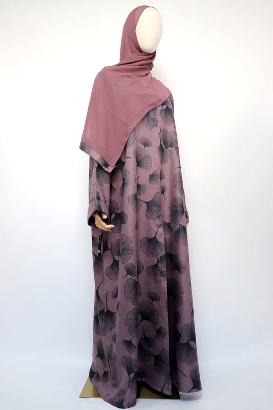 Linen Print Open Collar Abaya - Dusty Purple