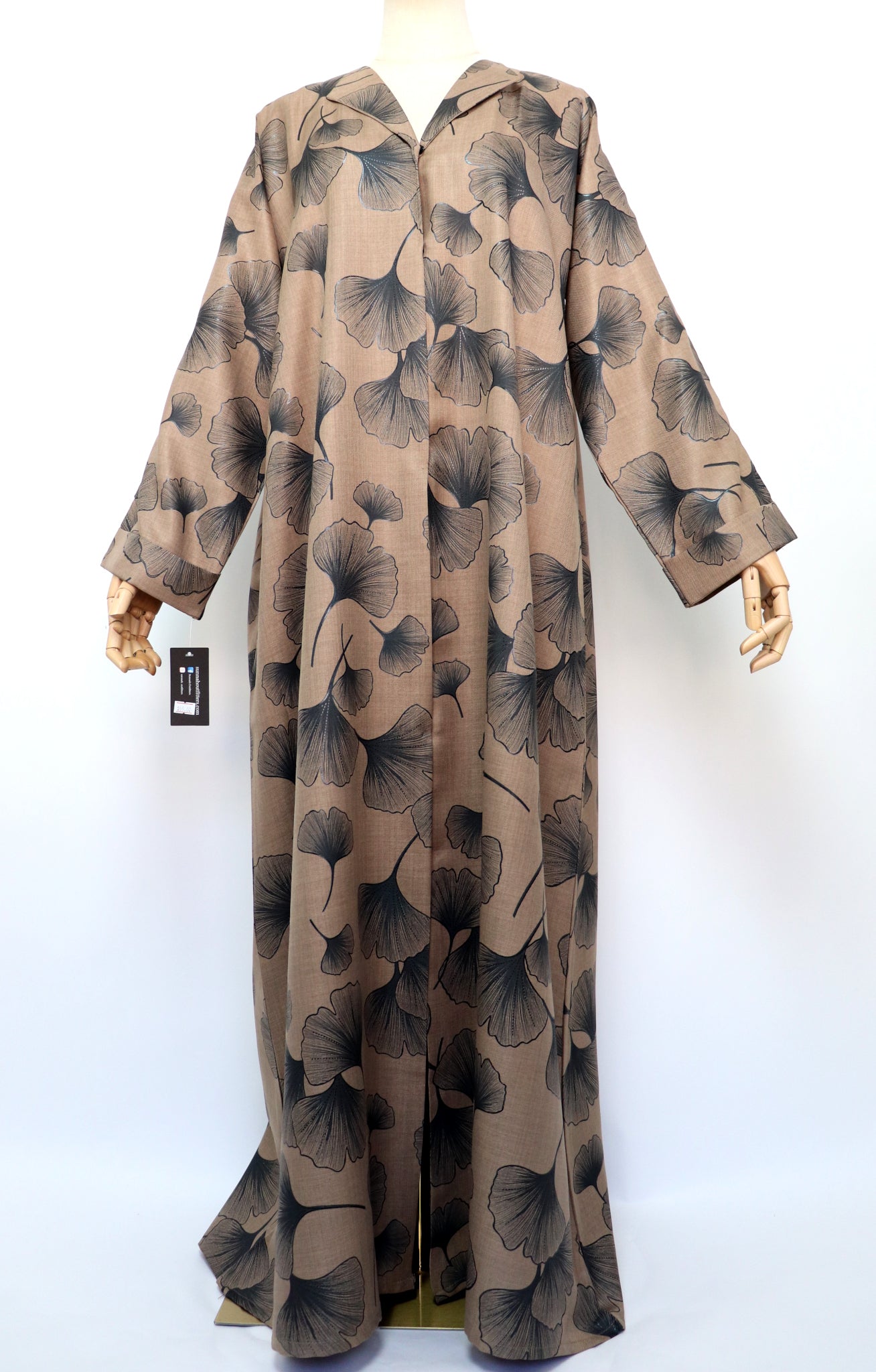 Linen Print Open Collar Abaya - Light Coffee