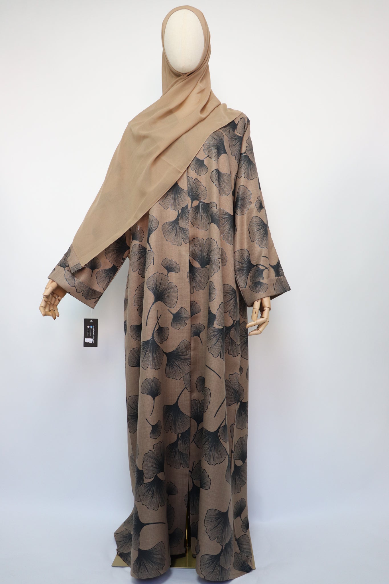 Linen Print Open Collar Abaya - Light Coffee