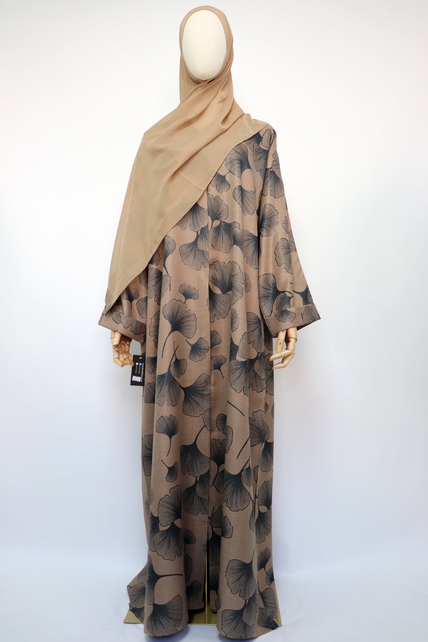 Linen Print Open Collar Abaya - Light Coffee