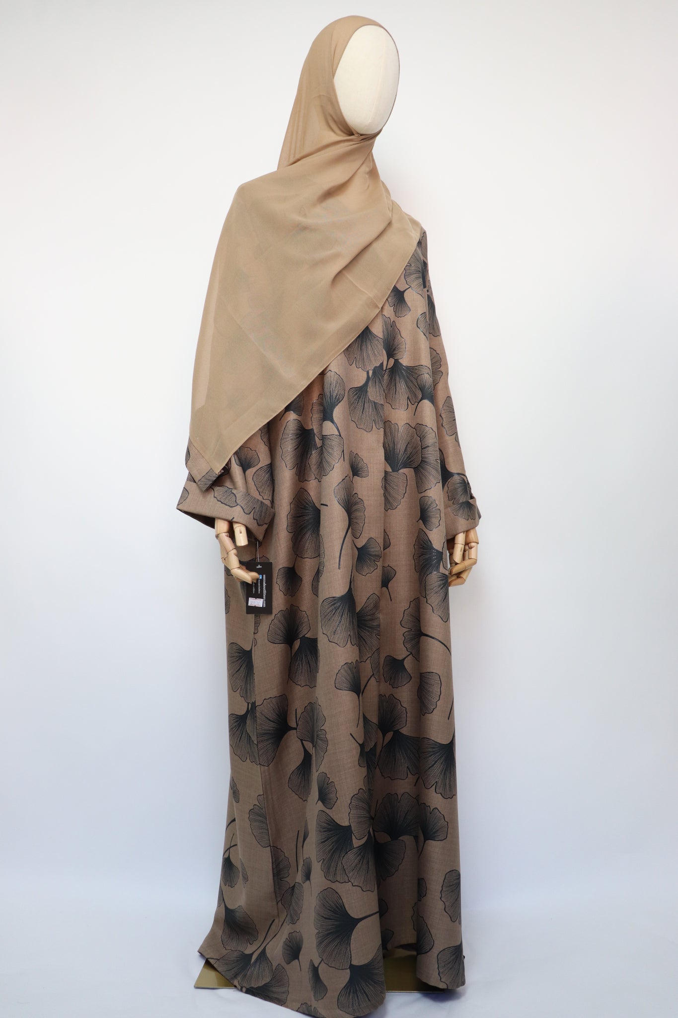 Linen Print Open Collar Abaya - Light Coffee