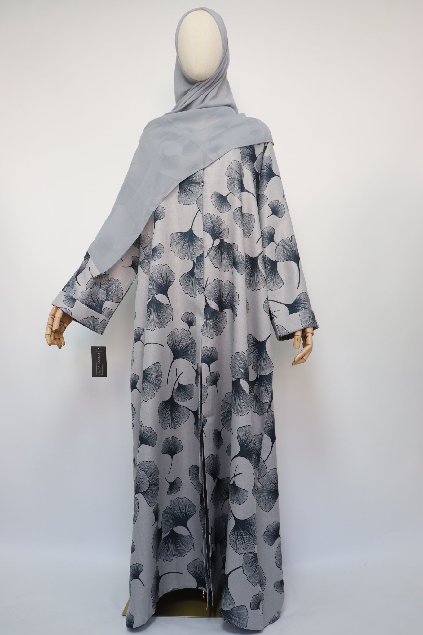 Linen Print Open Collar Abaya - Light Gray