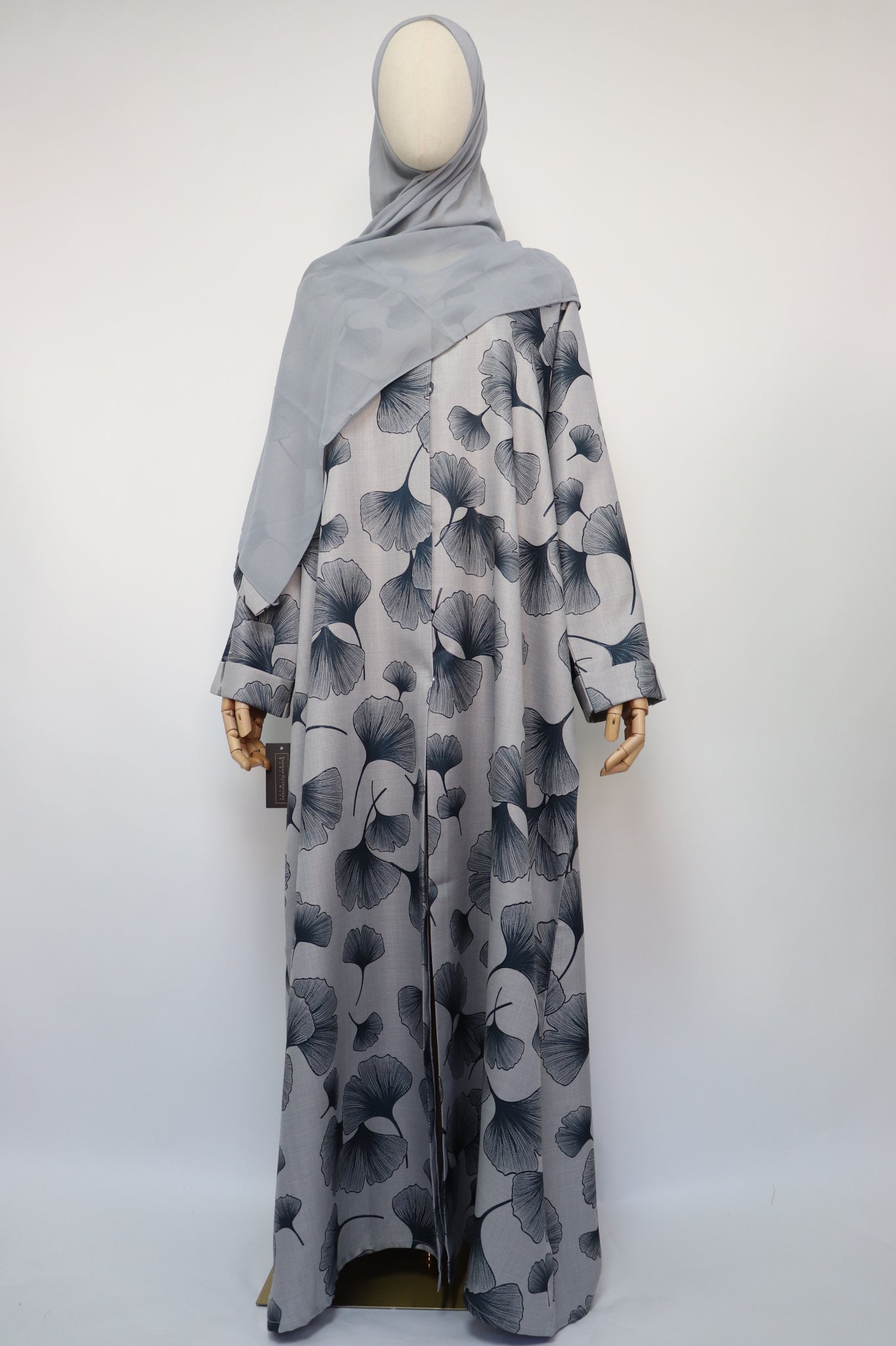 Linen Print Open Collar Abaya - Light Gray