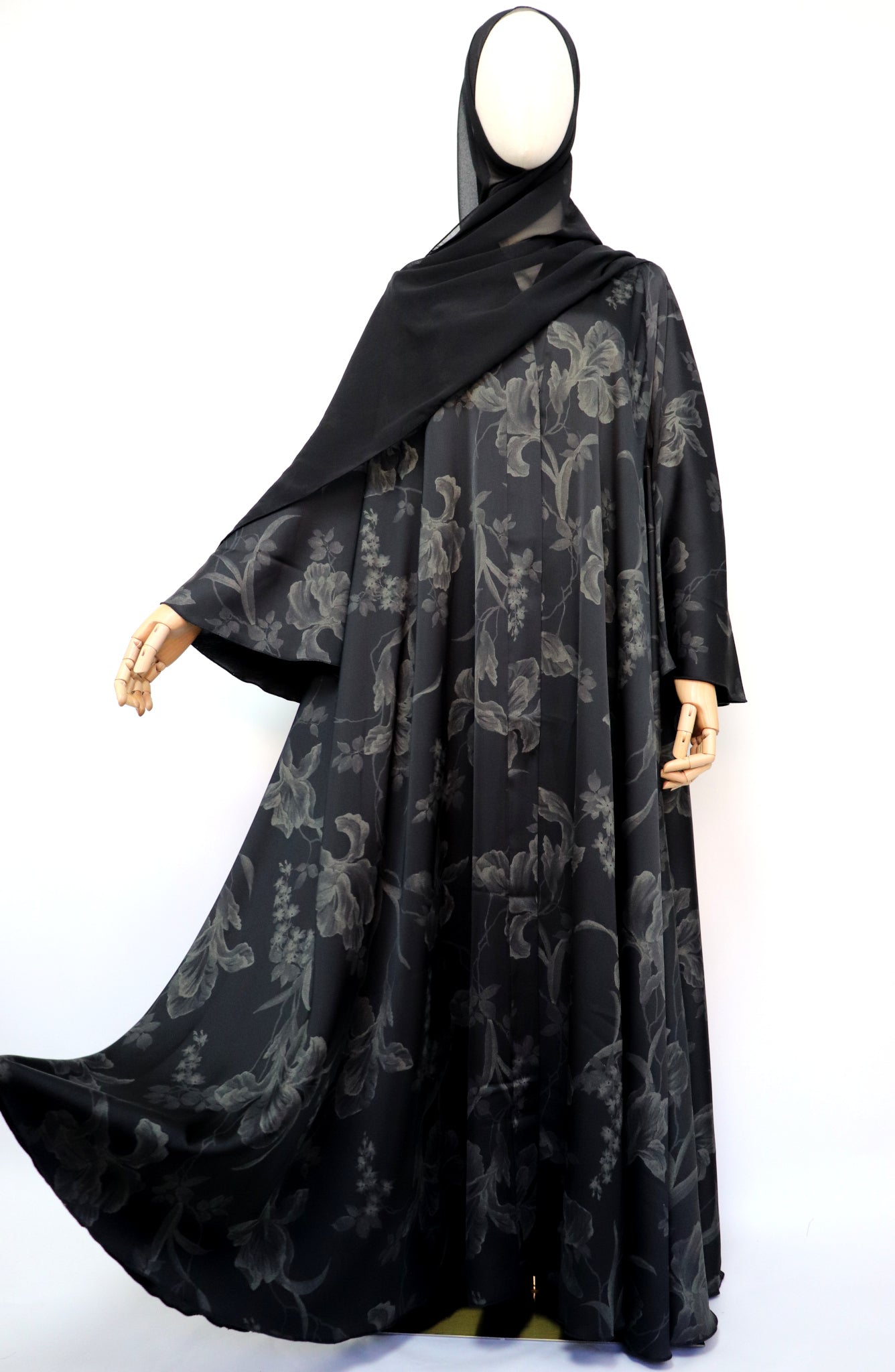 Open Flare Floral Foiled Umbrella Abaya - Black Green
