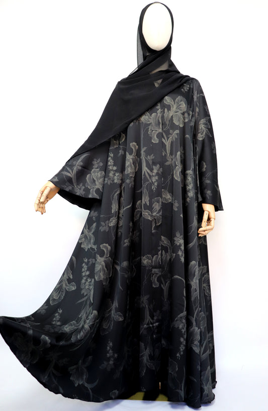 Open Flare Floral Foiled Umbrella Abaya - Black Green