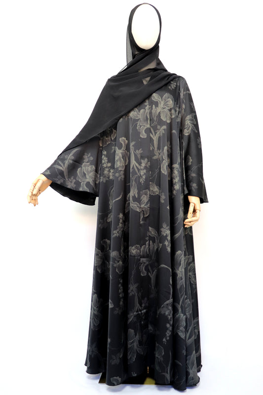 Open Flare Floral Foiled Umbrella Abaya - Black Green