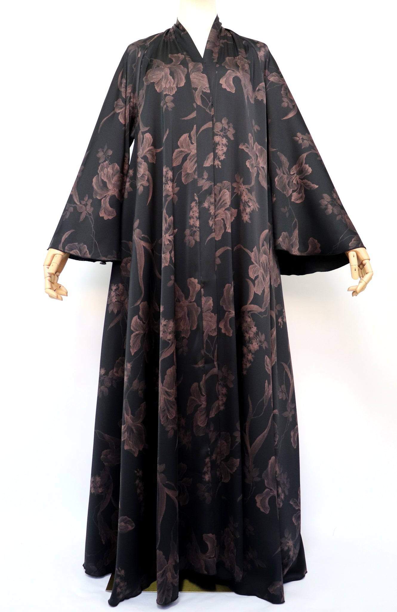 Open Flare Floral Foiled Umbrella Abaya - Black Rose Gold