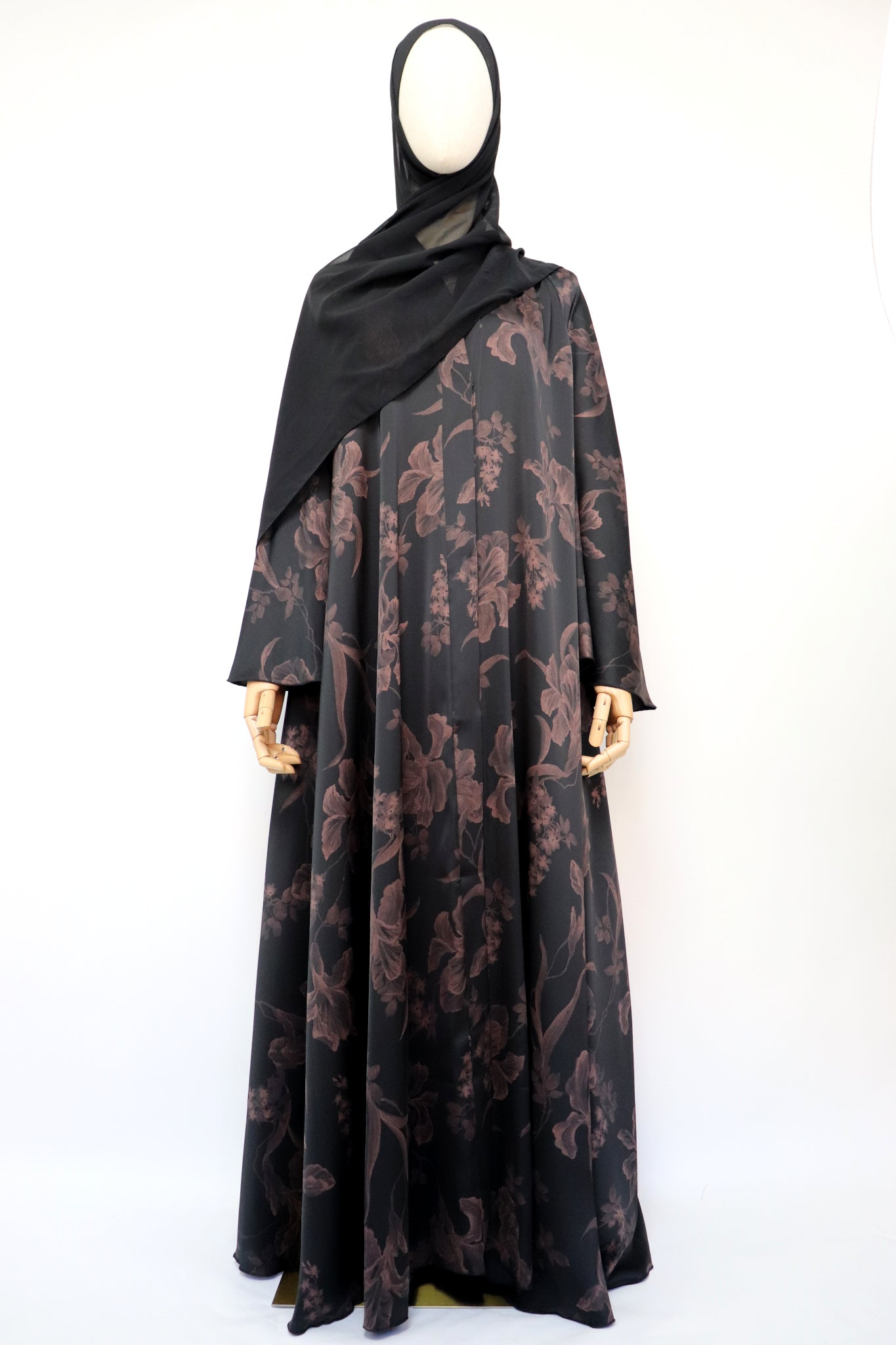 Open Flare Floral Foiled Umbrella Abaya - Black Rose Gold
