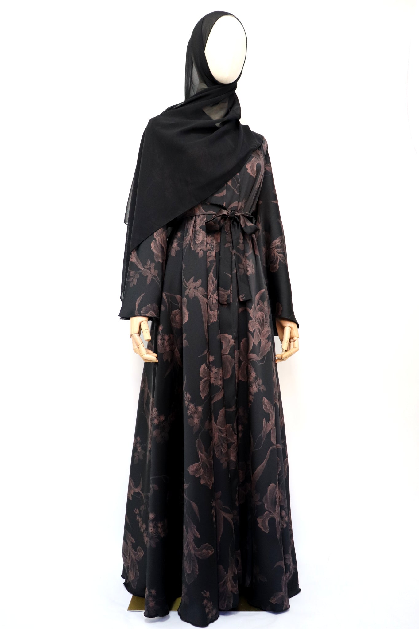 Open Flare Floral Foiled Umbrella Abaya - Black Rose Gold