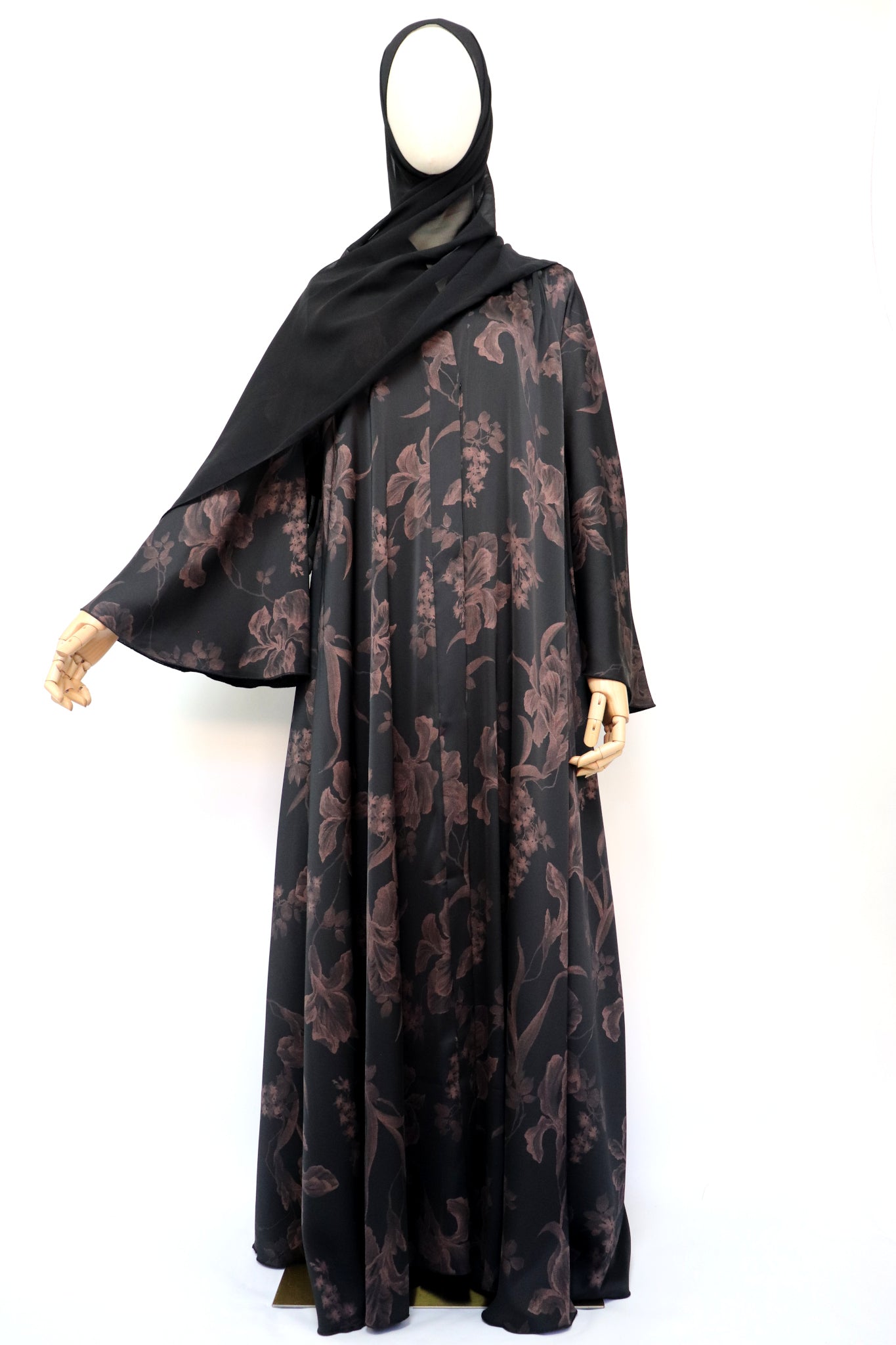 Open Flare Floral Foiled Umbrella Abaya - Black Rose Gold