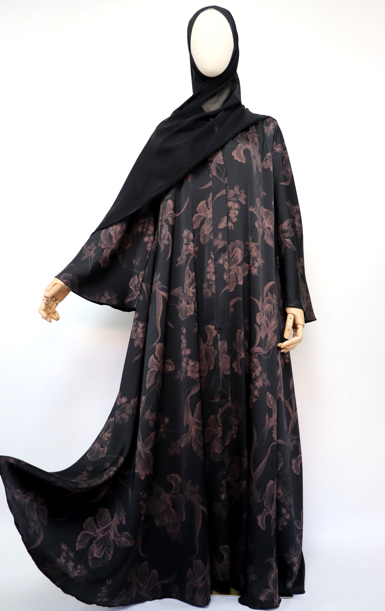 Open Flare Floral Foiled Umbrella Abaya - Black Rose Gold