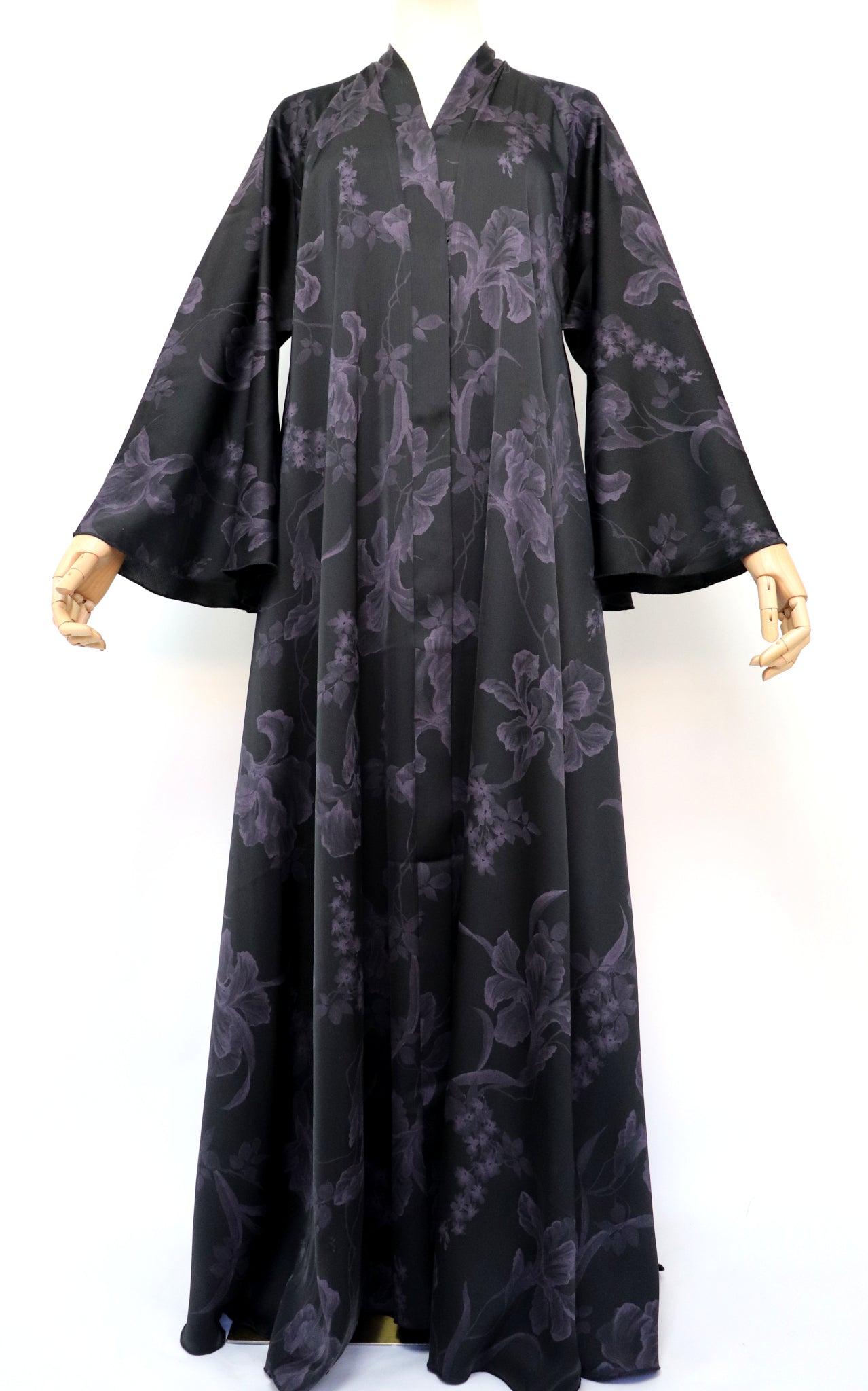 Open Flare Floral Foiled Umbrella Abaya - Black Purple
