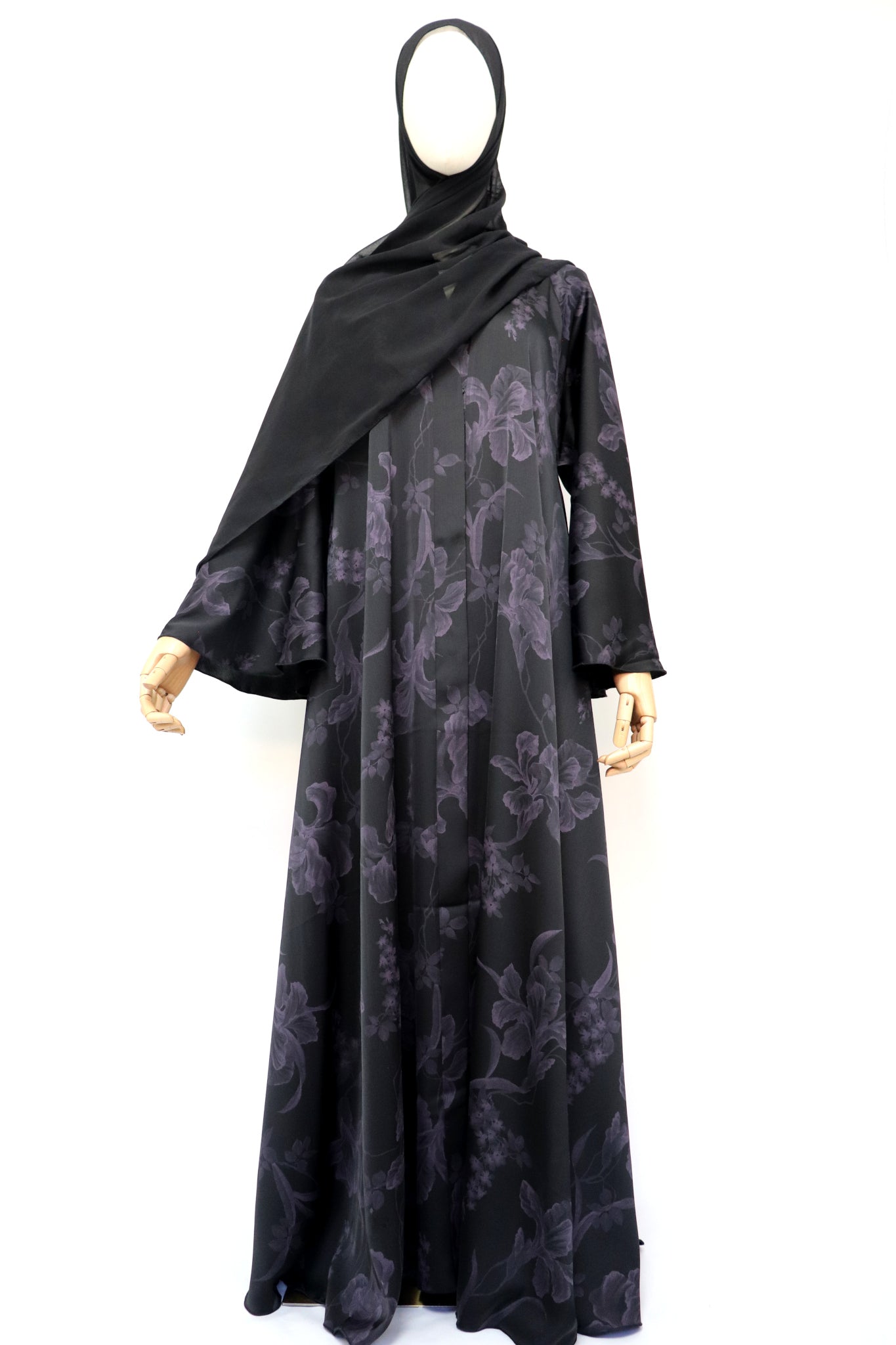 Open Flare Floral Foiled Umbrella Abaya - Black Purple