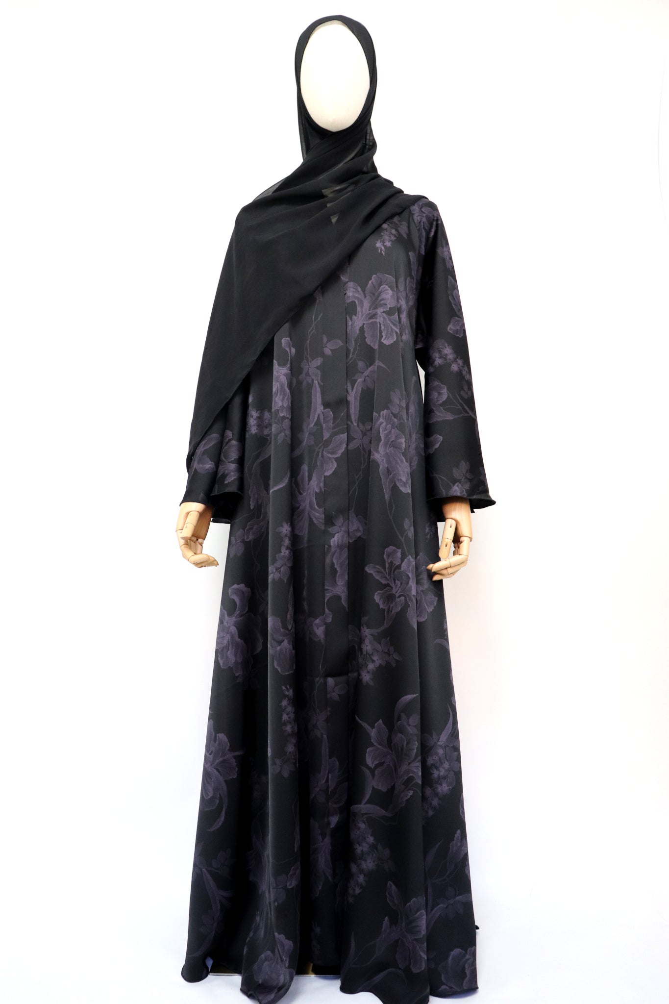 Open Flare Floral Foiled Umbrella Abaya - Black Purple