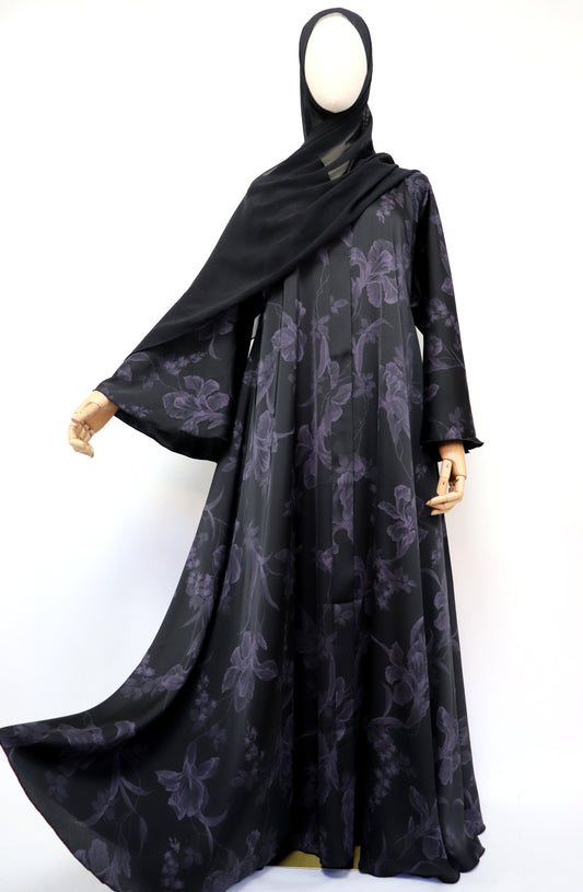 Open Flare Floral Foiled Umbrella Abaya - Black Purple