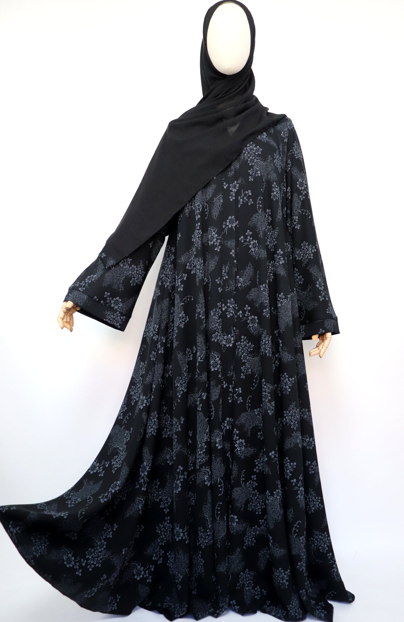Open Flare Crinkle Umbrella Abaya - Black Gray