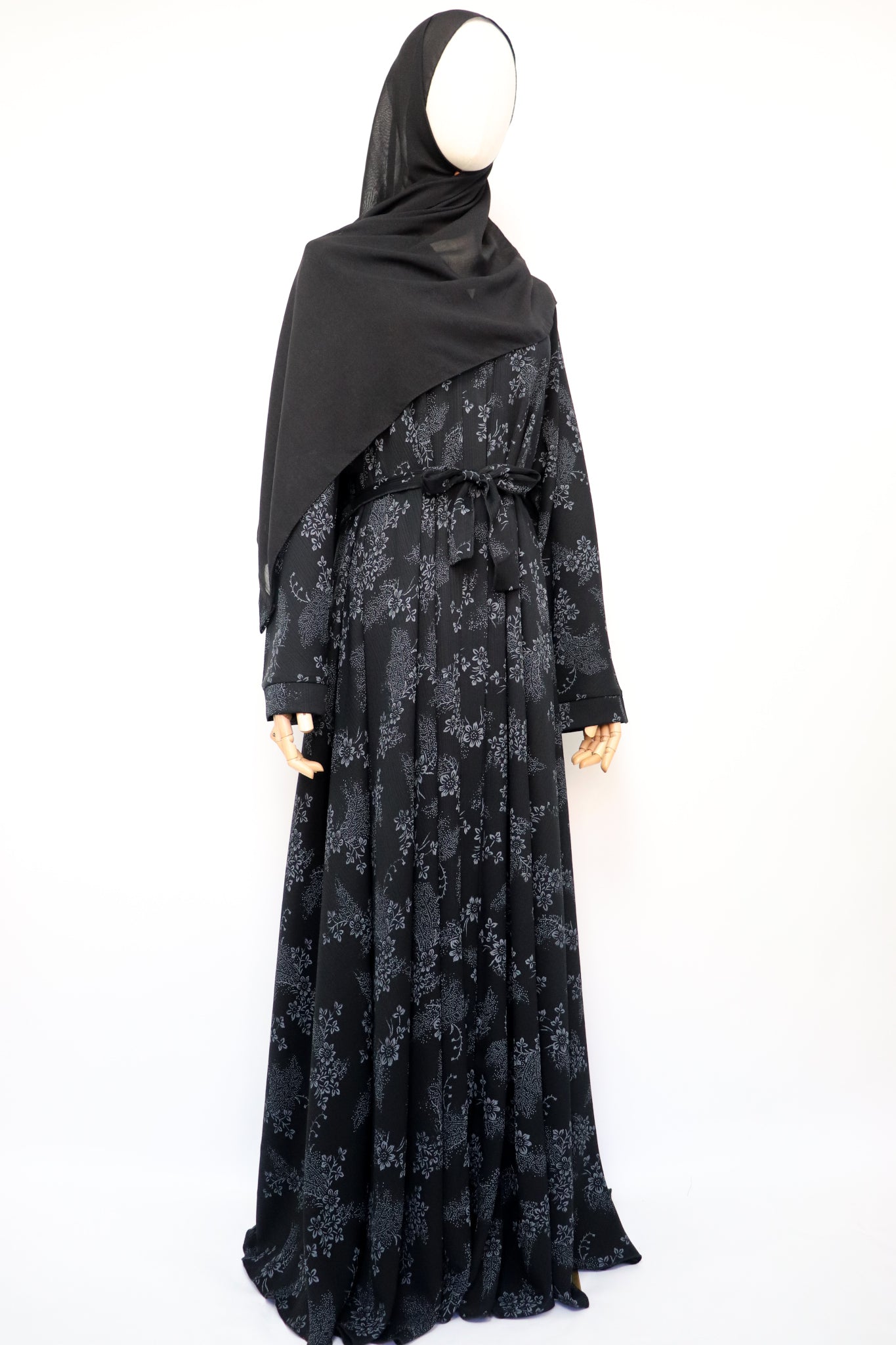 Open Flare Crinkle Umbrella Abaya - Black Gray