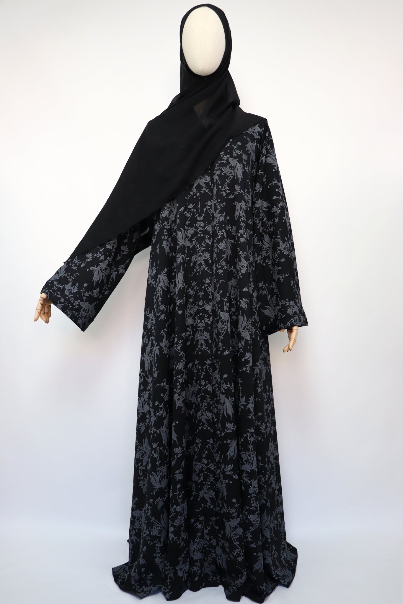 Open Flare Crinkle Umbrella Abaya - Black / Gray