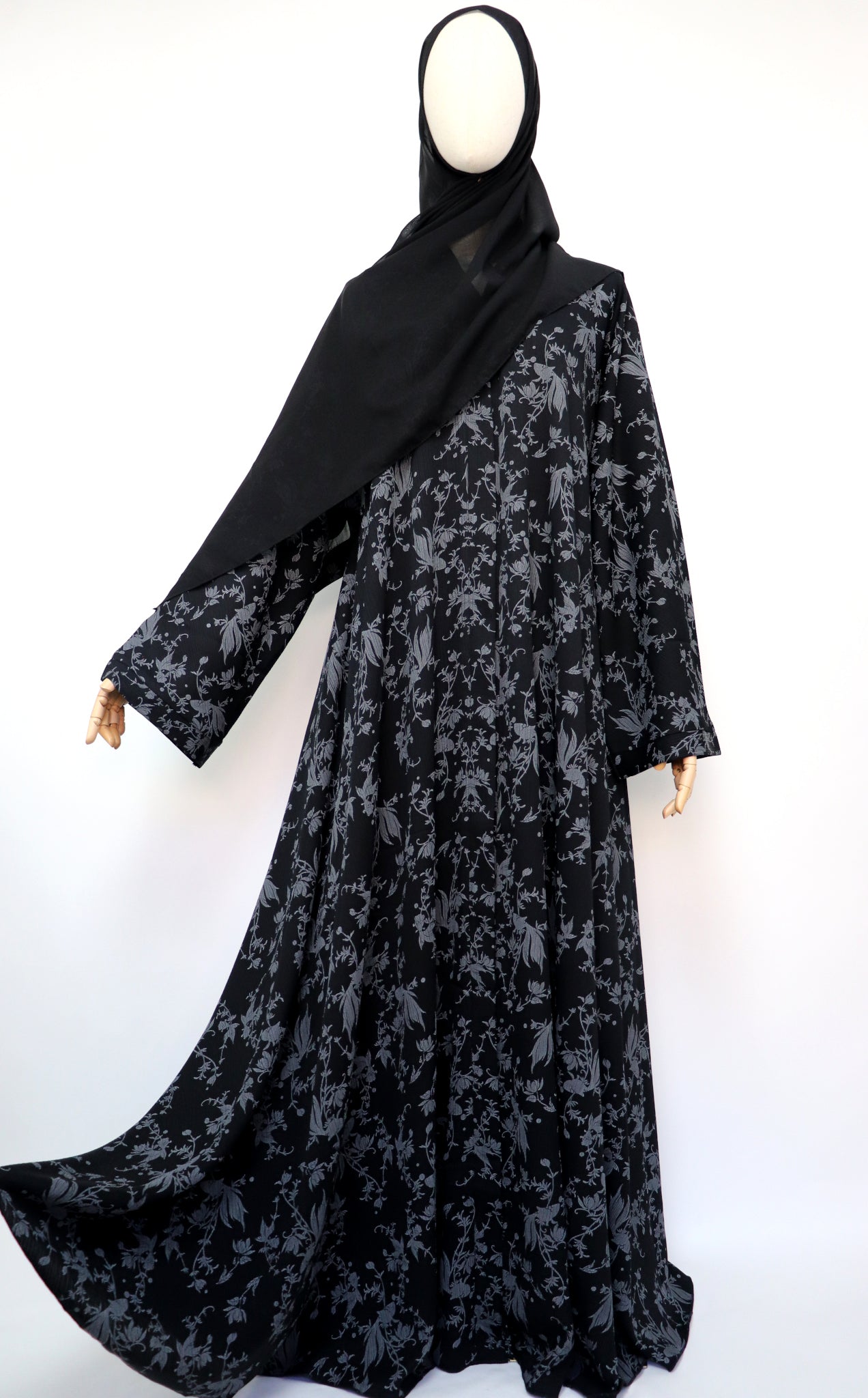 Open Flare Crinkle Umbrella Abaya - Black / Gray