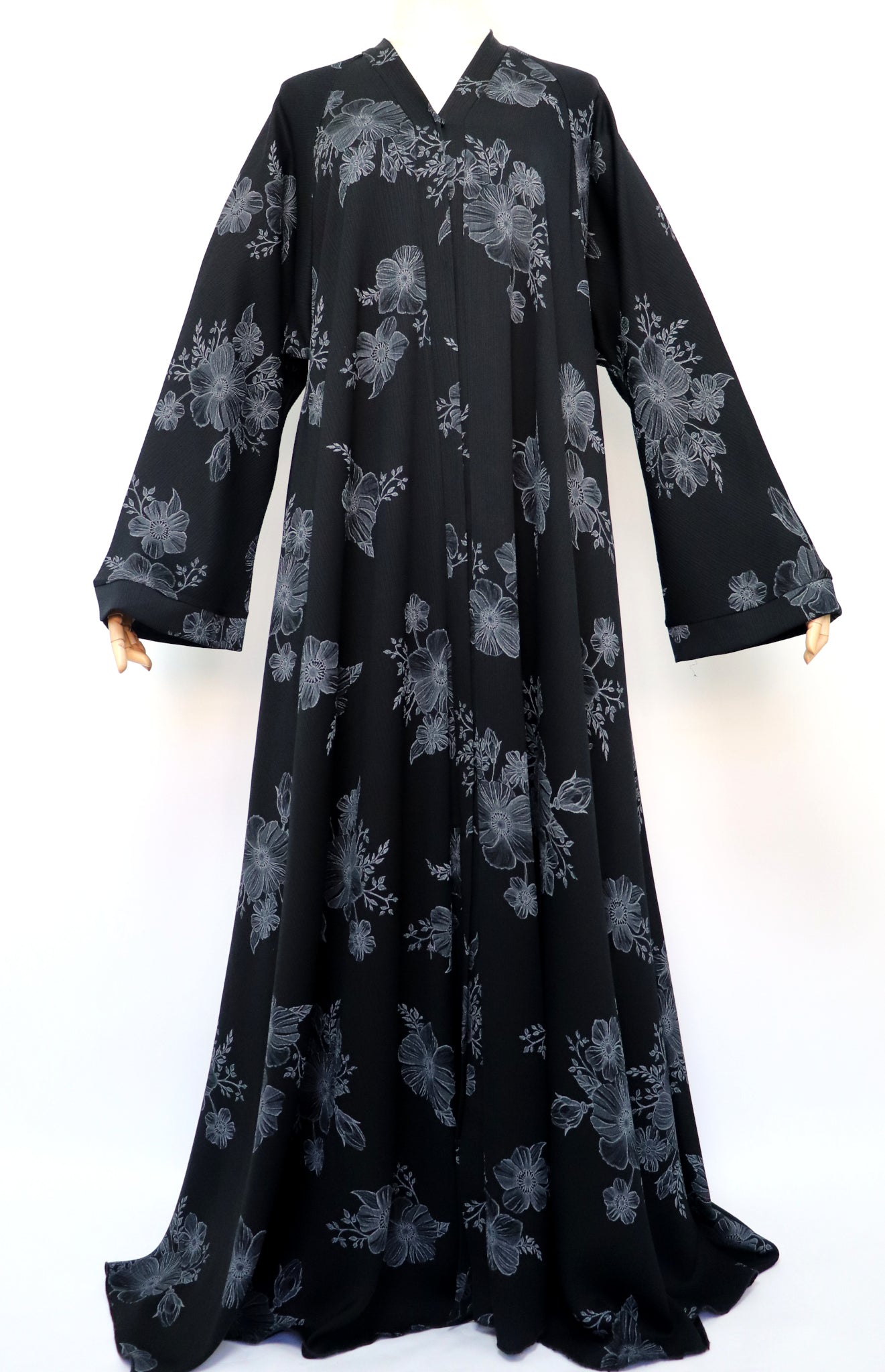 Open Flare Floral Print Crinkle Umbrella Abaya - Black Gray