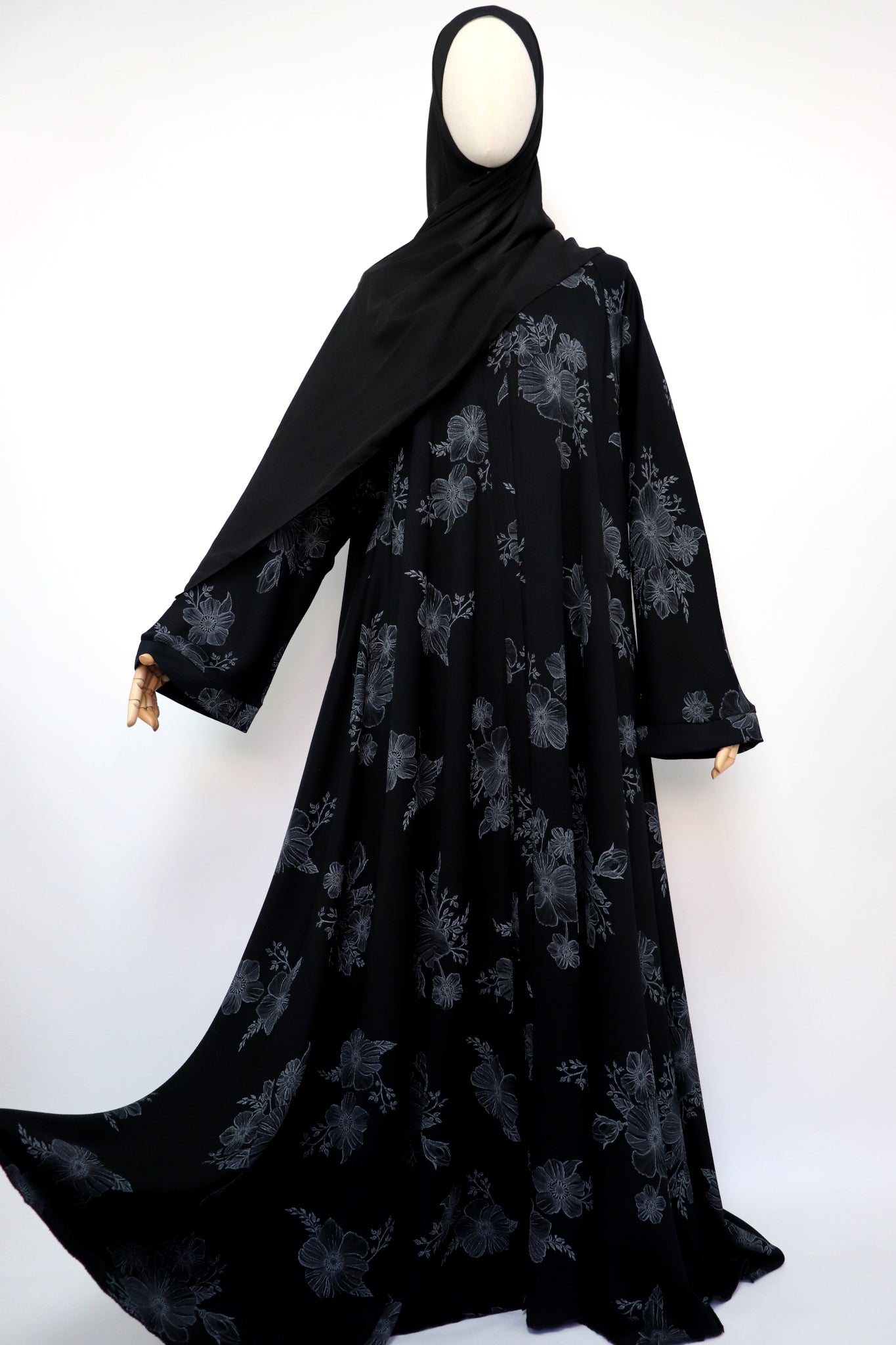 Open Flare Floral Print Crinkle Umbrella Abaya - Black Gray