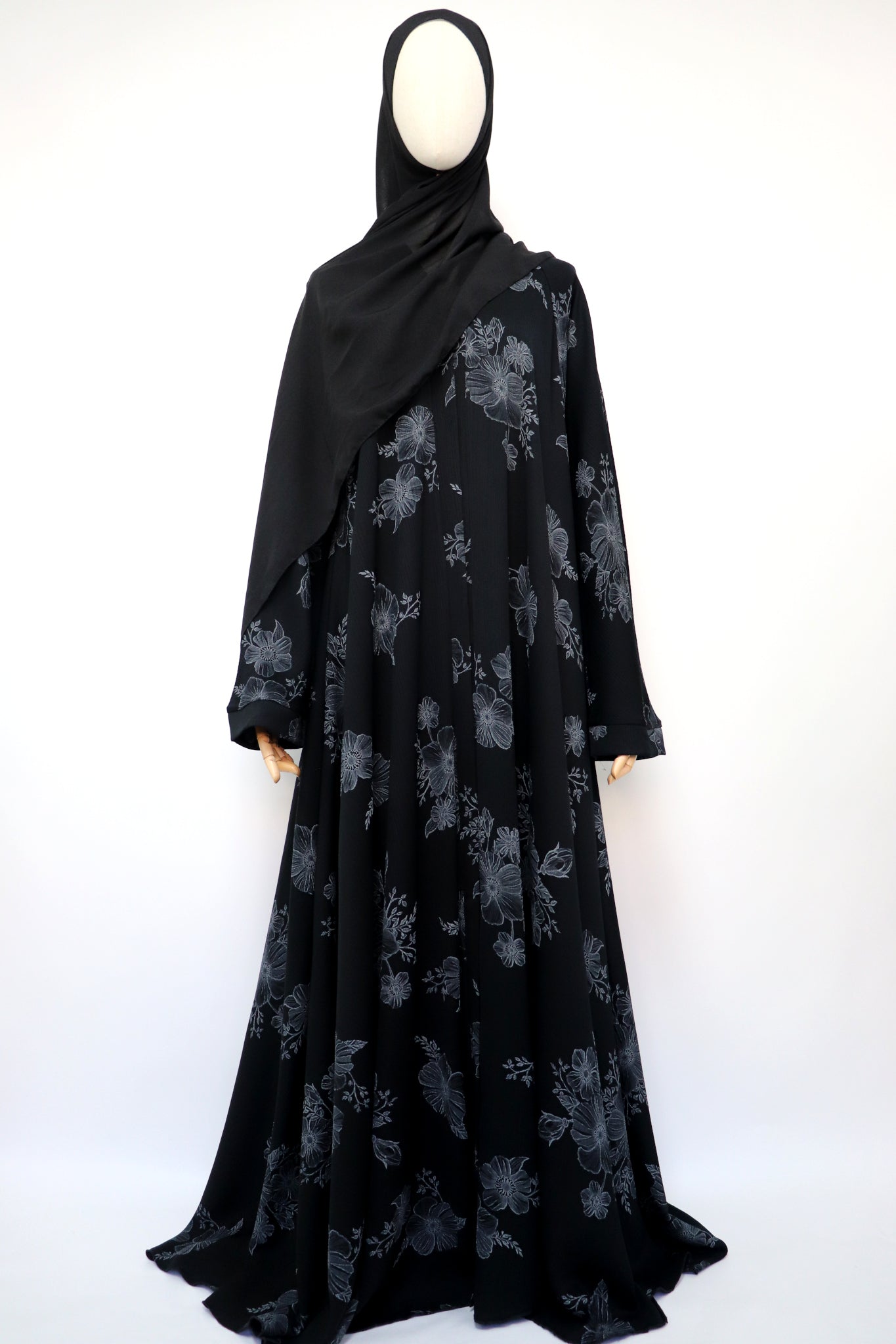 Open Flare Floral Print Crinkle Umbrella Abaya - Black Gray