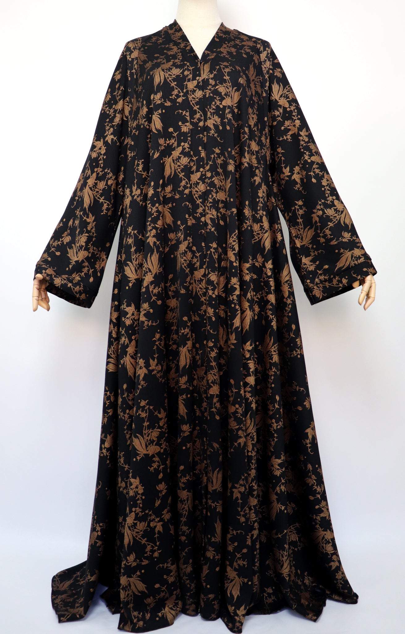 Open Flare Floral Foiled Crinkle Umbrella Abaya - Black / Gold