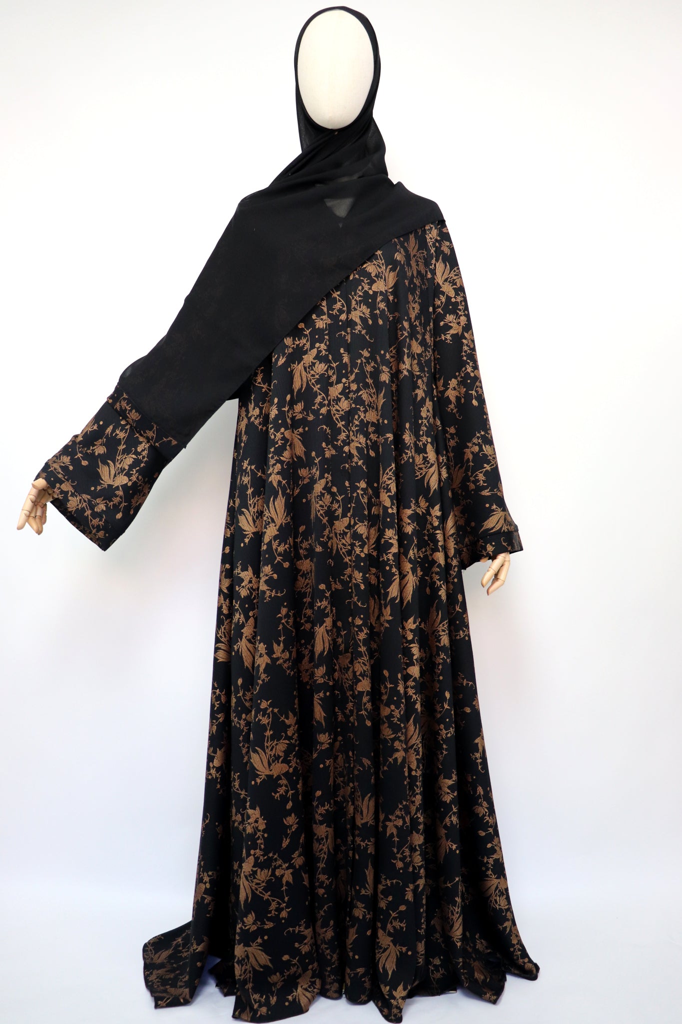 Open Flare Floral Foiled Crinkle Umbrella Abaya - Black / Gold
