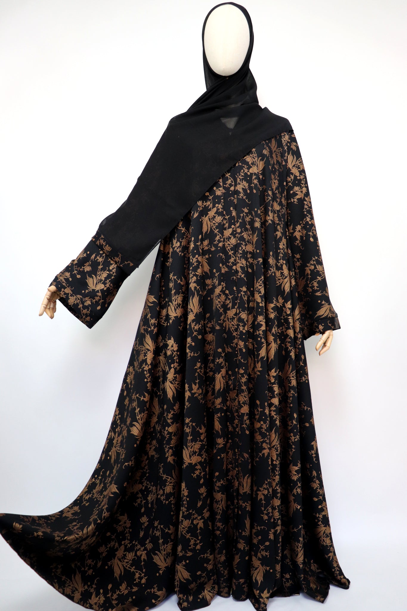 Open Flare Floral Foiled Crinkle Umbrella Abaya - Black / Gold