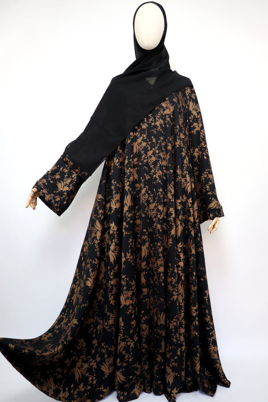 Open Flare Floral Foiled Crinkle Umbrella Abaya - Black / Gold