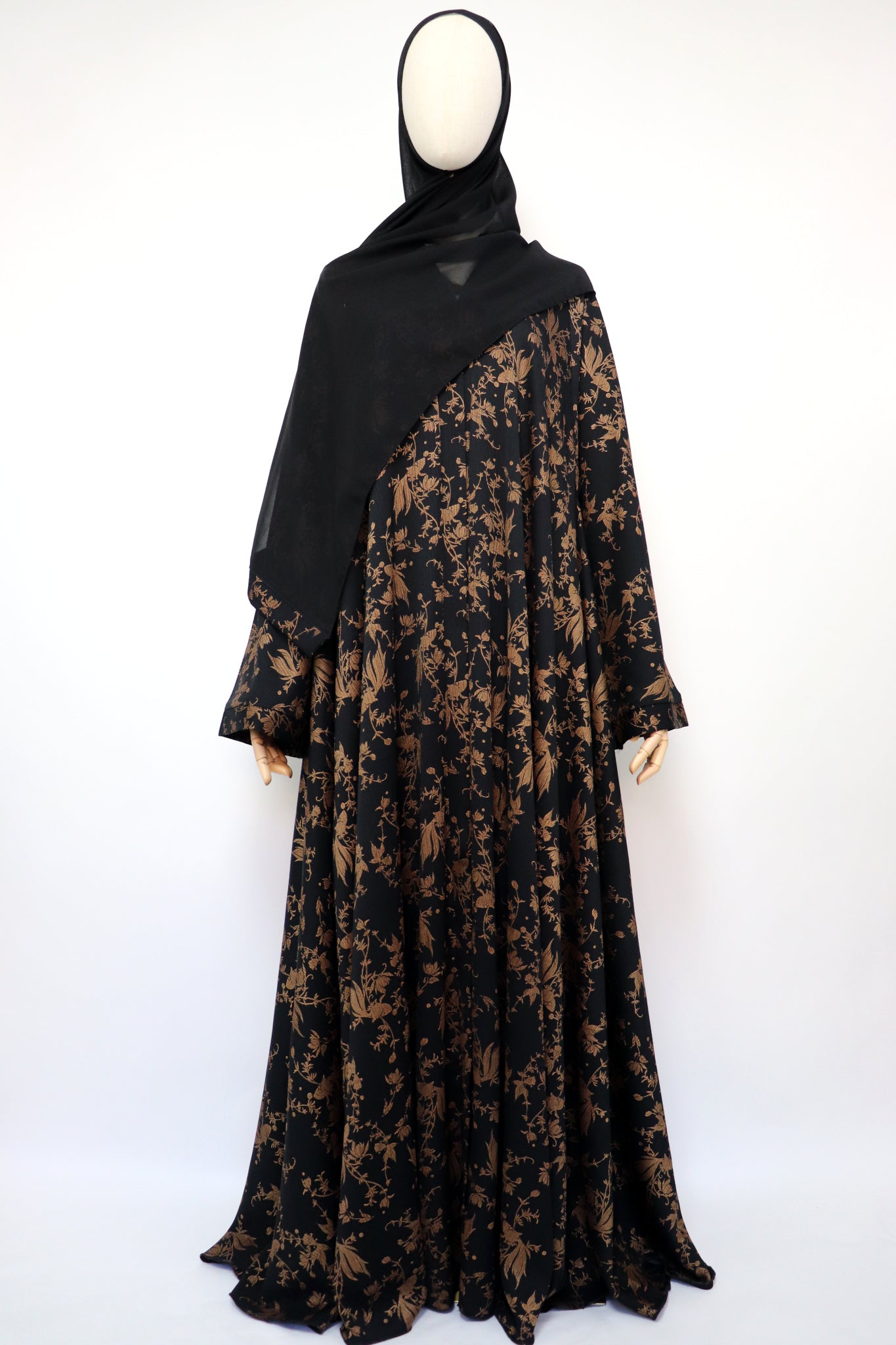 Open Flare Floral Foiled Crinkle Umbrella Abaya - Black / Gold
