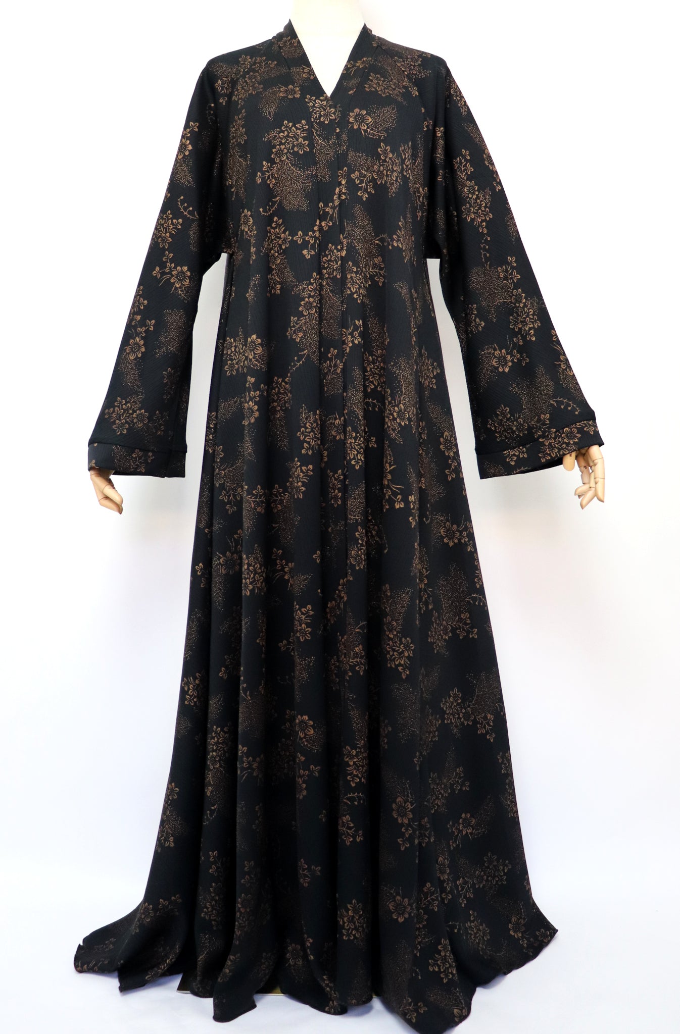Open Flare Floral Foiled Crinkle Umbrella Abaya - Black Gold