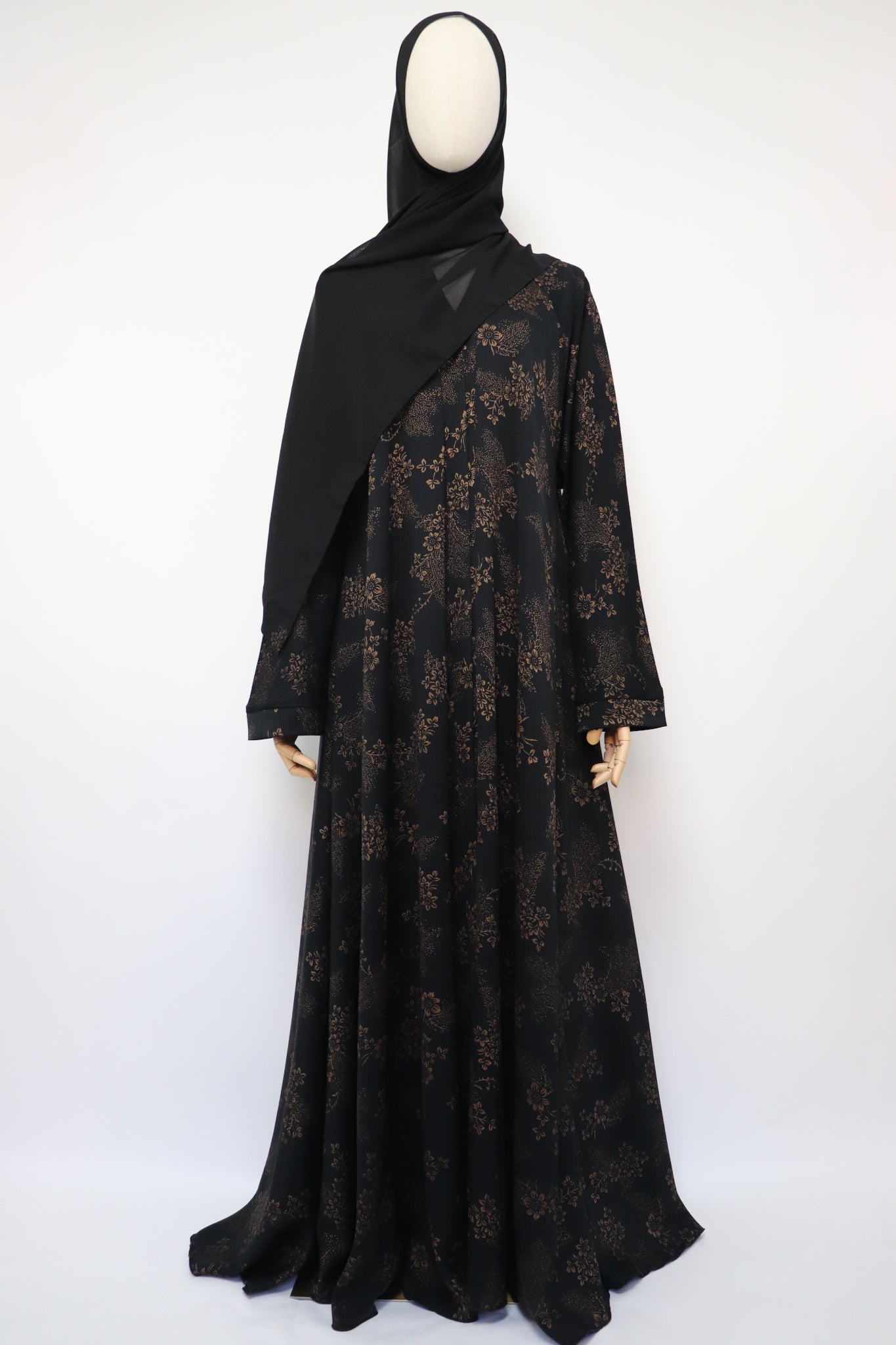 Open Flare Floral Foiled Crinkle Umbrella Abaya - Black Gold