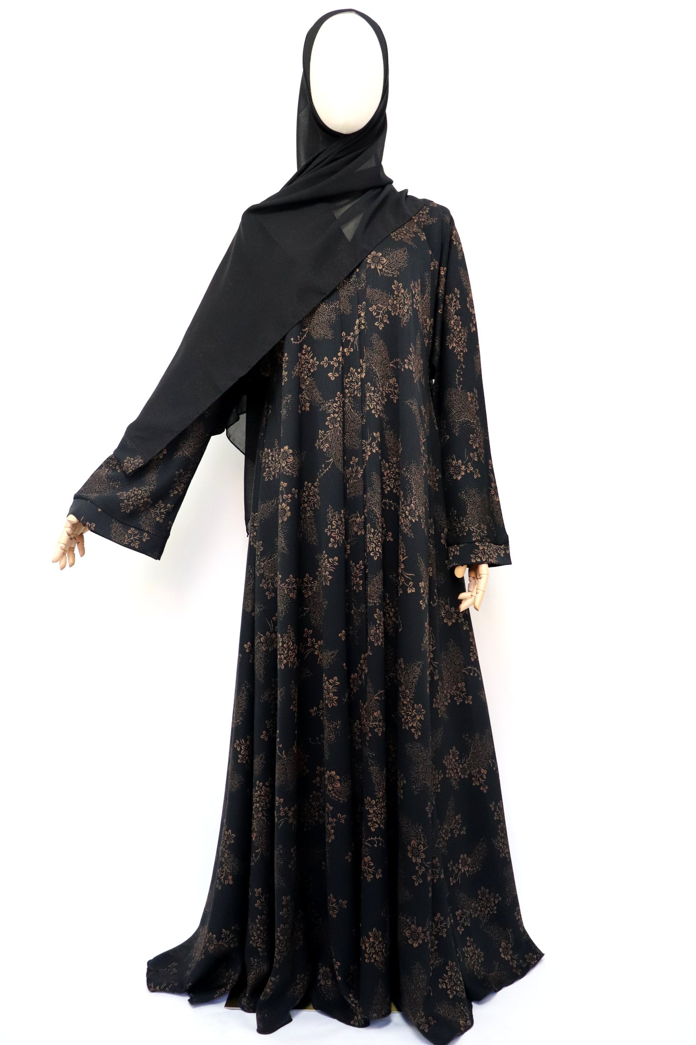 Open Flare Floral Foiled Crinkle Umbrella Abaya - Black Gold