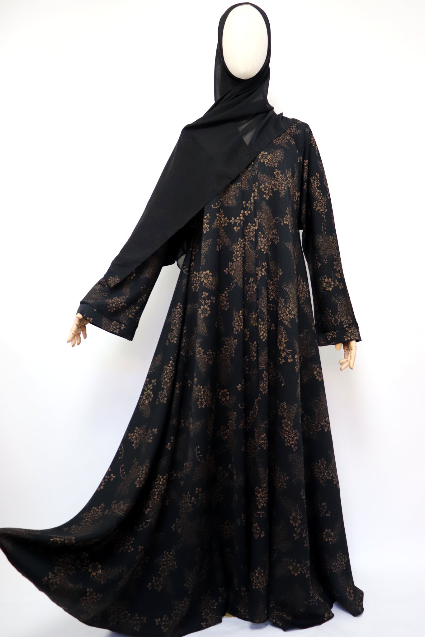 Open Flare Floral Foiled Crinkle Umbrella Abaya - Black Gold