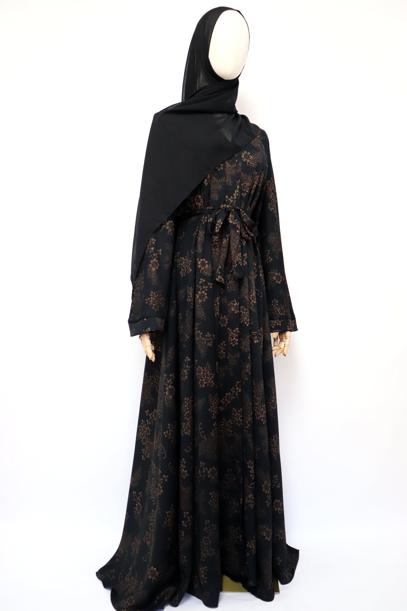 Open Flare Floral Foiled Crinkle Umbrella Abaya - Black Gold