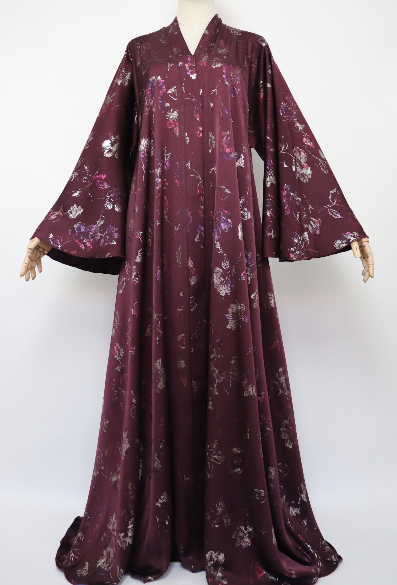 Open Flare Floral Satin Foiled Umbrella Abaya - Iridescent Maroon