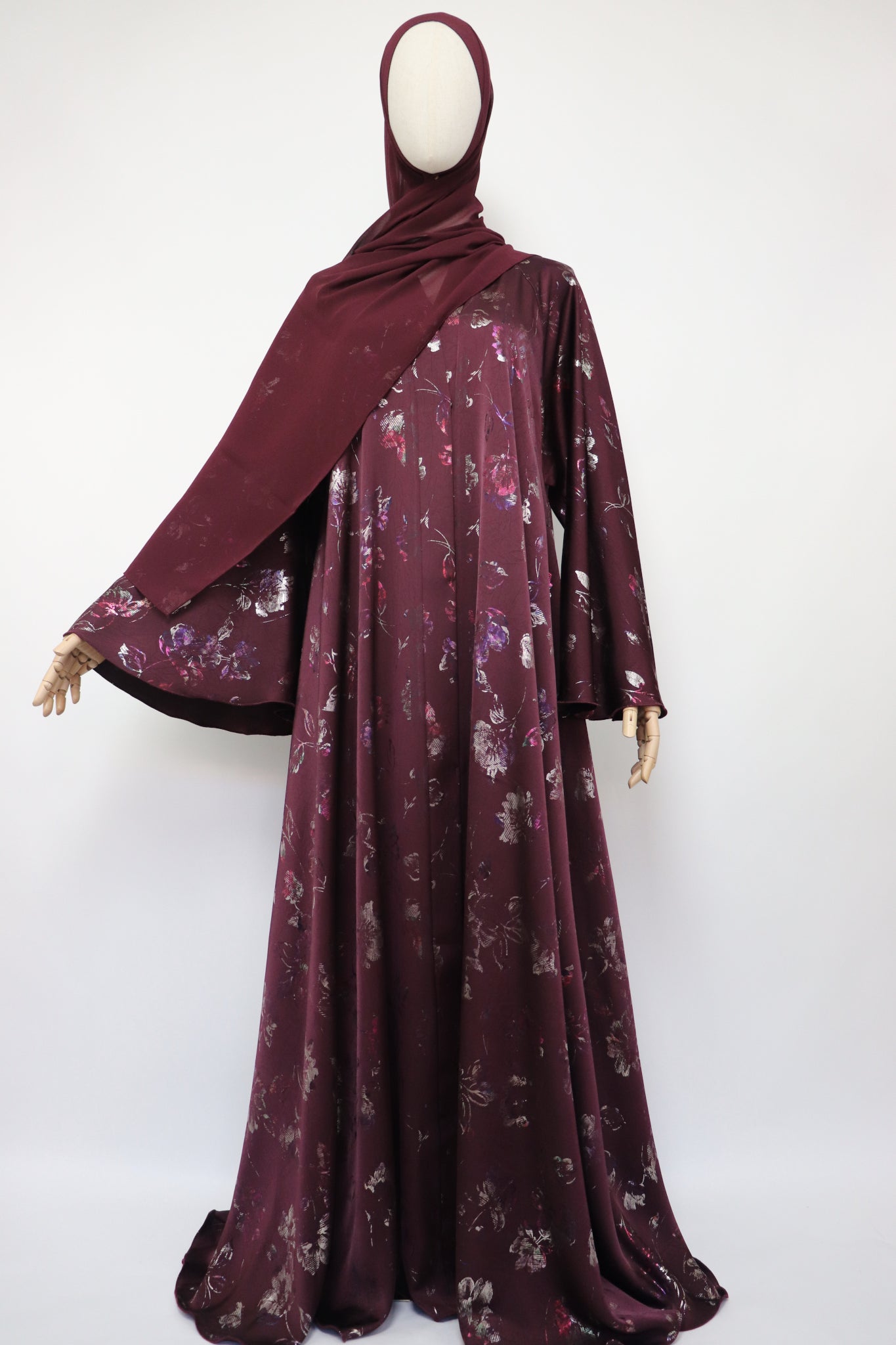 Open Flare Floral Satin Foiled Umbrella Abaya - Iridescent Maroon