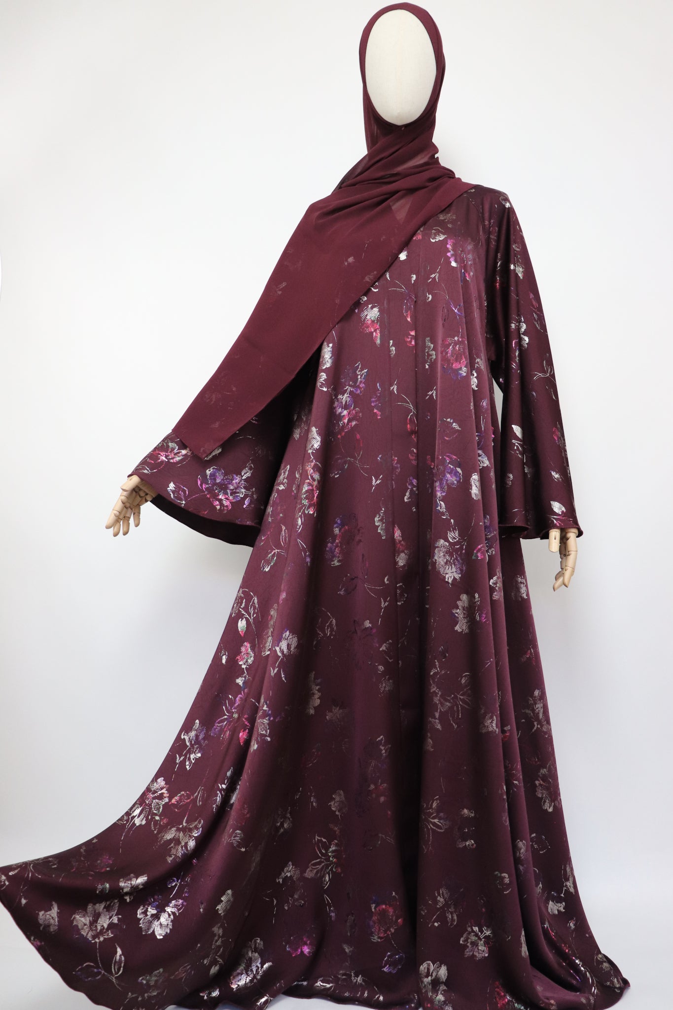 Open Flare Floral Satin Foiled Umbrella Abaya - Iridescent Maroon