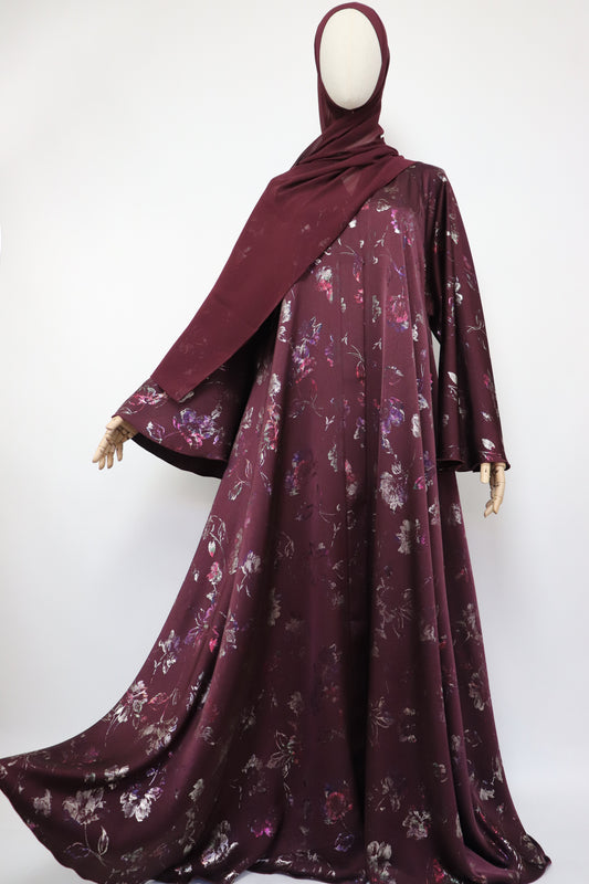 Open Flare Floral Satin Foiled Umbrella Abaya - Iridescent Maroon