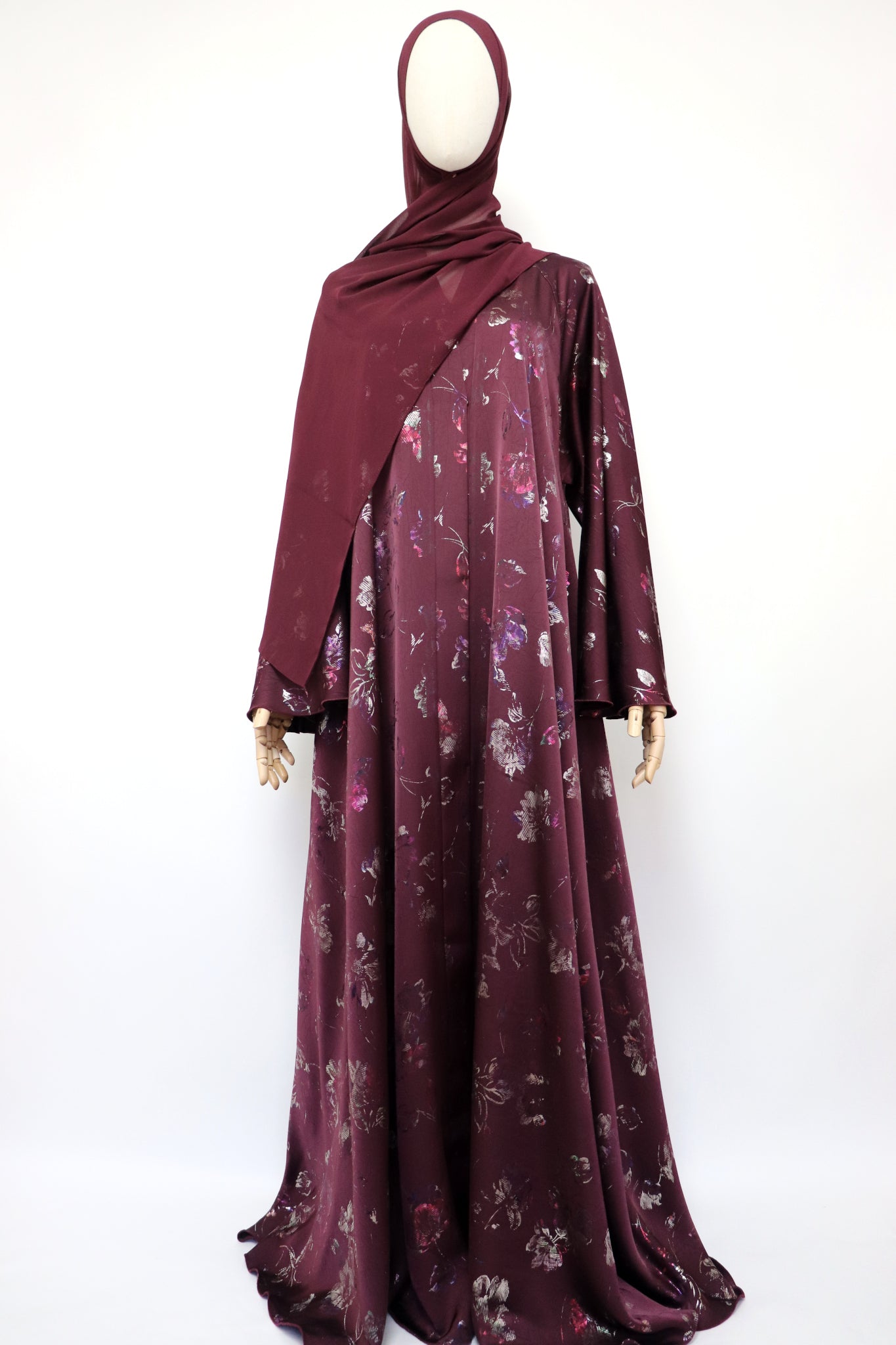 Open Flare Floral Satin Foiled Umbrella Abaya - Iridescent Maroon